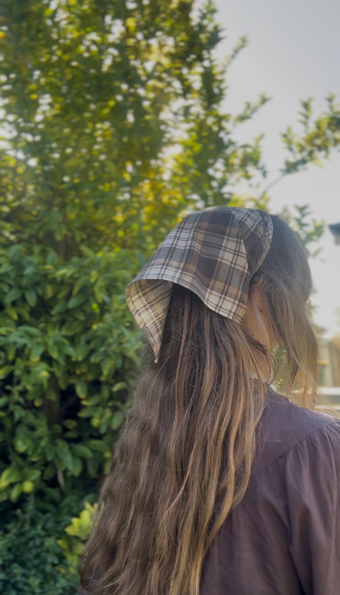 REWORKED - BROWN CHECK PLAID COTTON HEAD SCARF