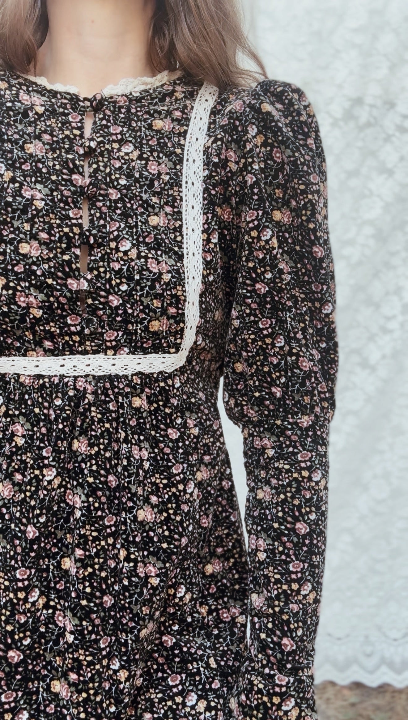 VINTAGE 1970’S VELVETEEN FLORAL PRAIRIE DRESS XXS