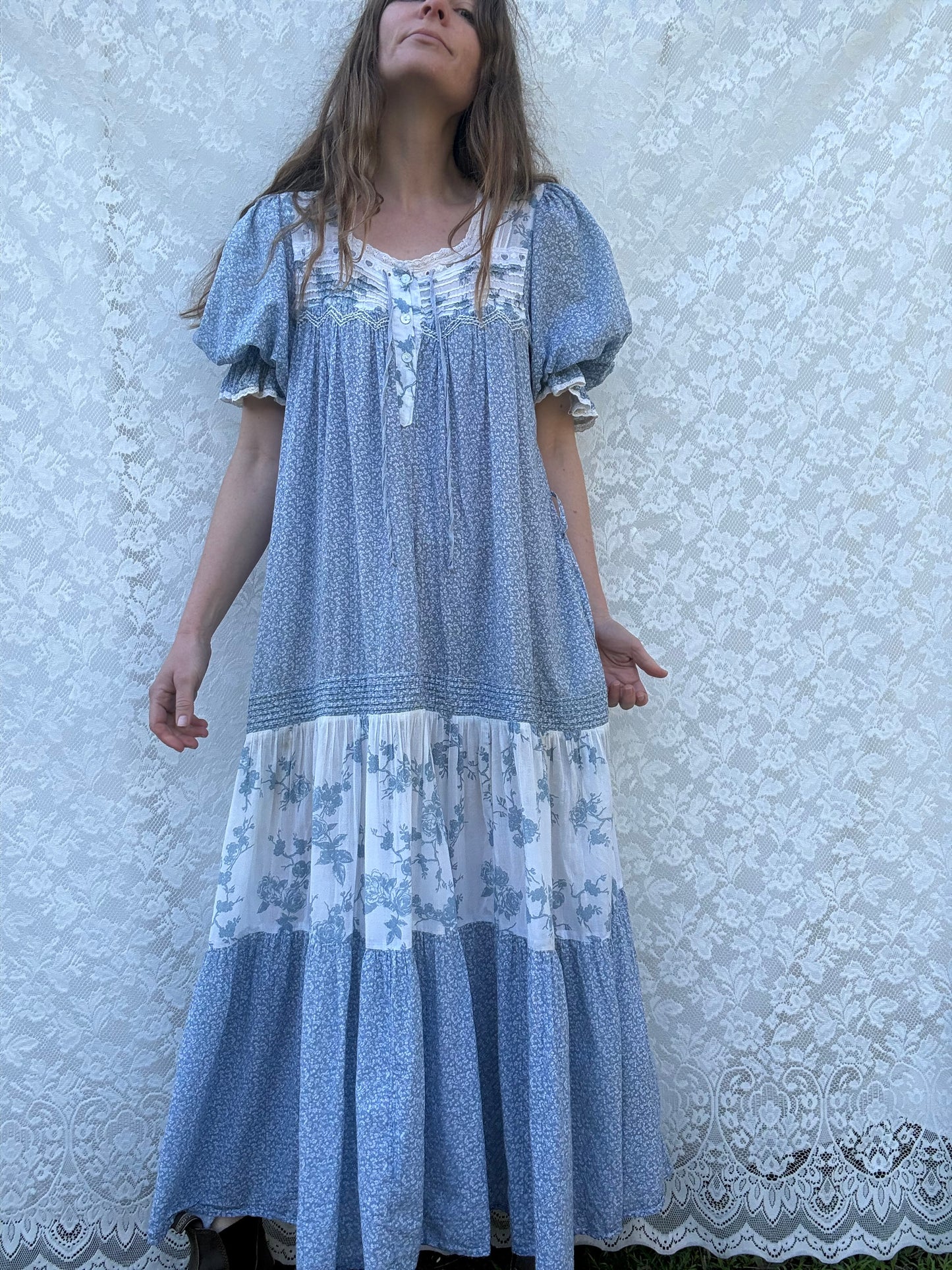 100% RECYCLED COTTON - MORNING SONG HAND SMOCKED TIERED DRESS - CORNFLOWER BLUE ROSE (Copy)