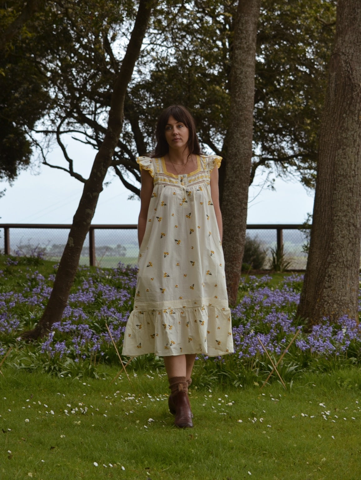 100% RECYCLED COTTON - ALICE DRESS - EMBROIDERED DAFFODIL