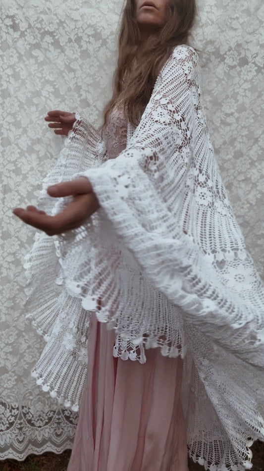 REWORKED - WHITE CROCHET THROW ONE SIZE