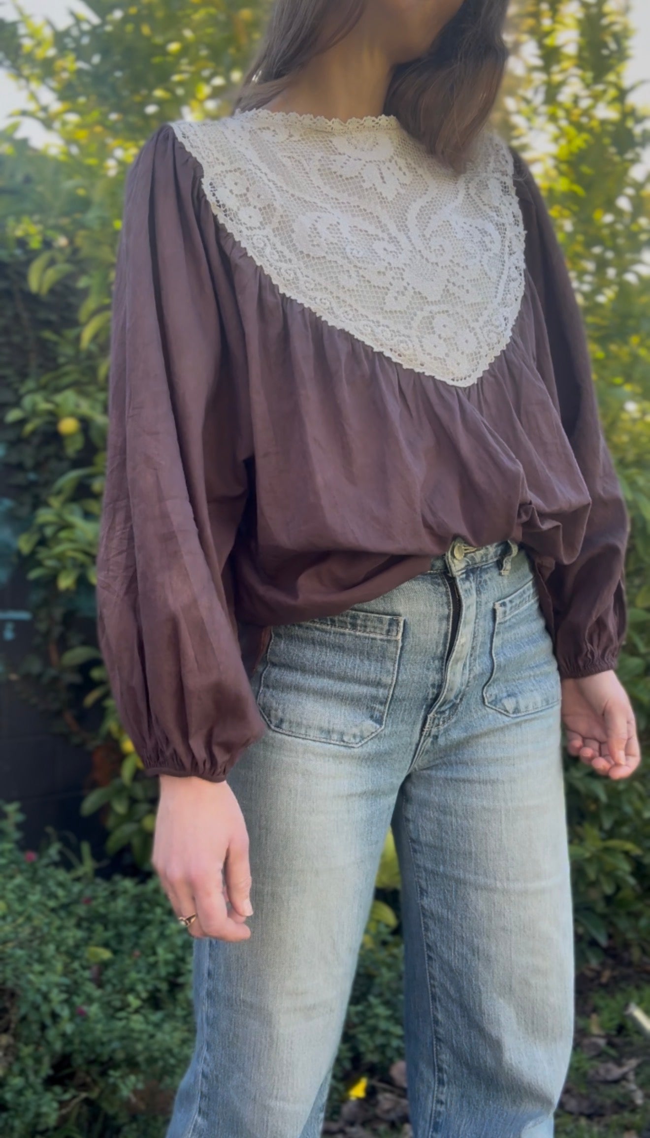 ONE OF A KIND SMOCK REWORKED BLOUSE BROWN WITH FILET LACE - XL