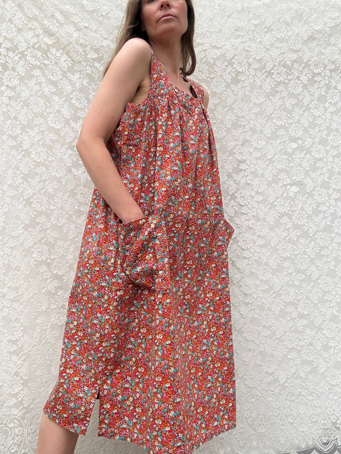 REWORKED HOUSE DRESS RED FLORAL 12-14