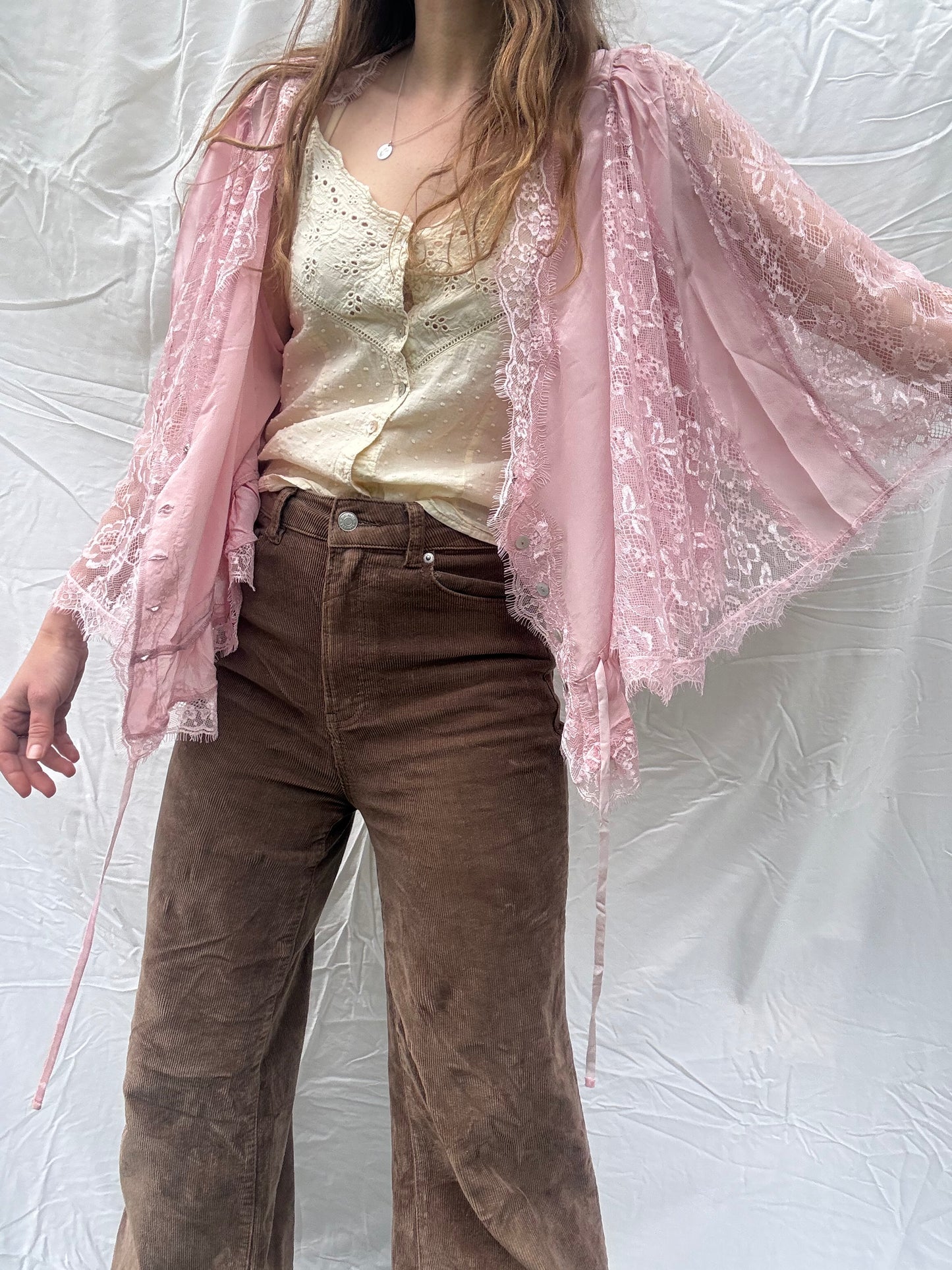 PRELOVED - AMORET SILK CAPELET BLOUSE - PASTEL PINK LARGE