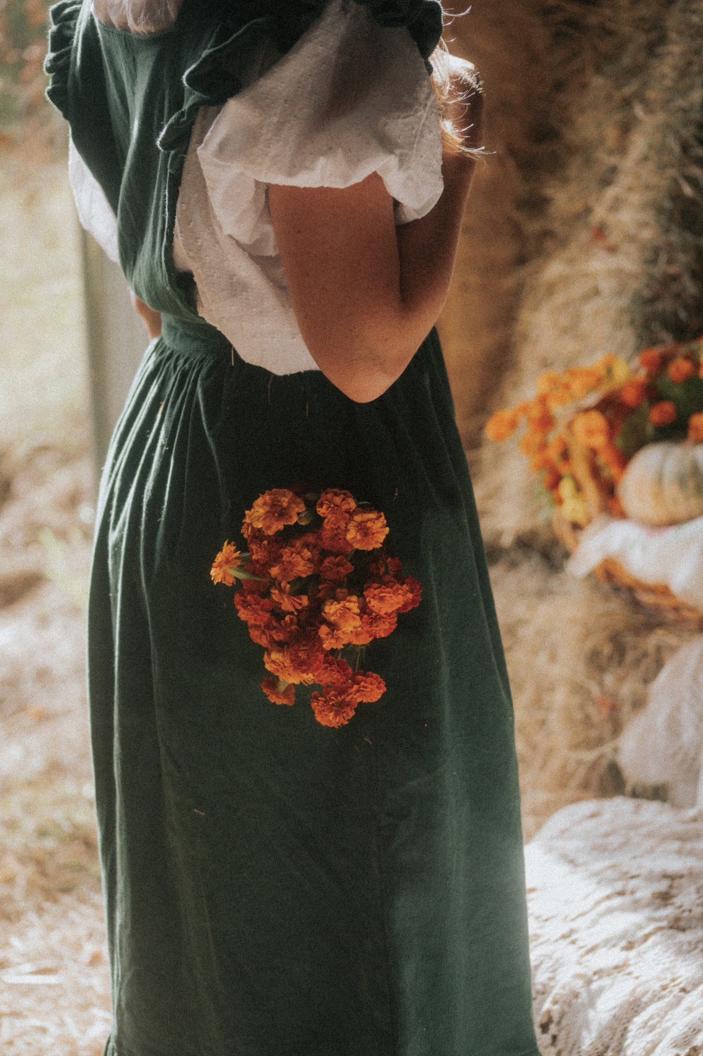 100% RECYCLED COTTON - ANOUK RUFFLE PINAFORE/SKIRT CORDUROY FOREST GREEN