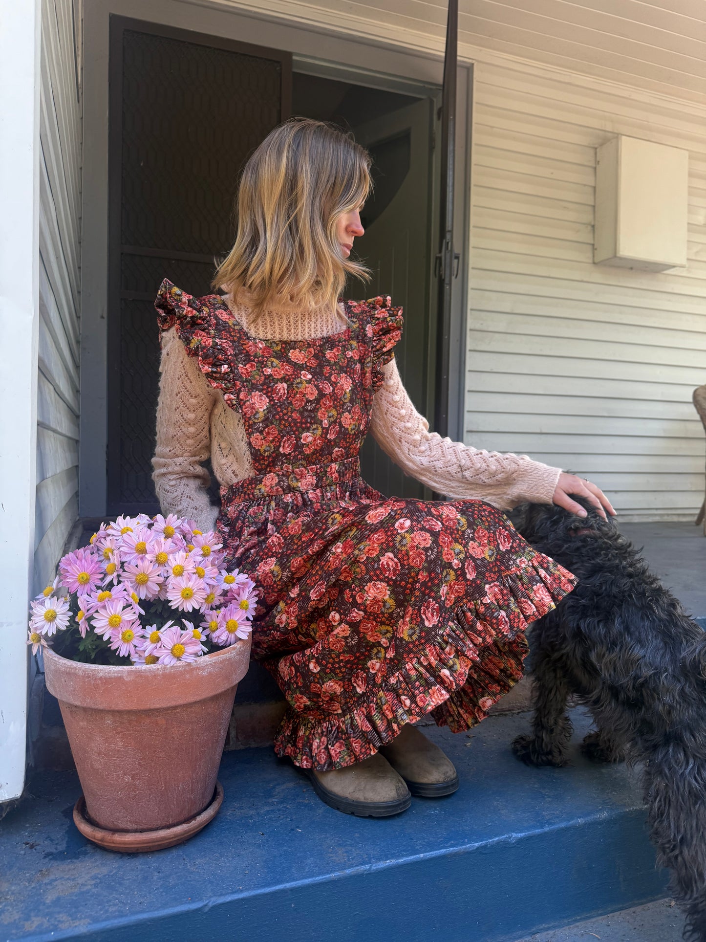 100% RECYCLED COTTON - AUTUMNAL ANOUK RUFFLE PINAFORE/SKIRT CORDUROY