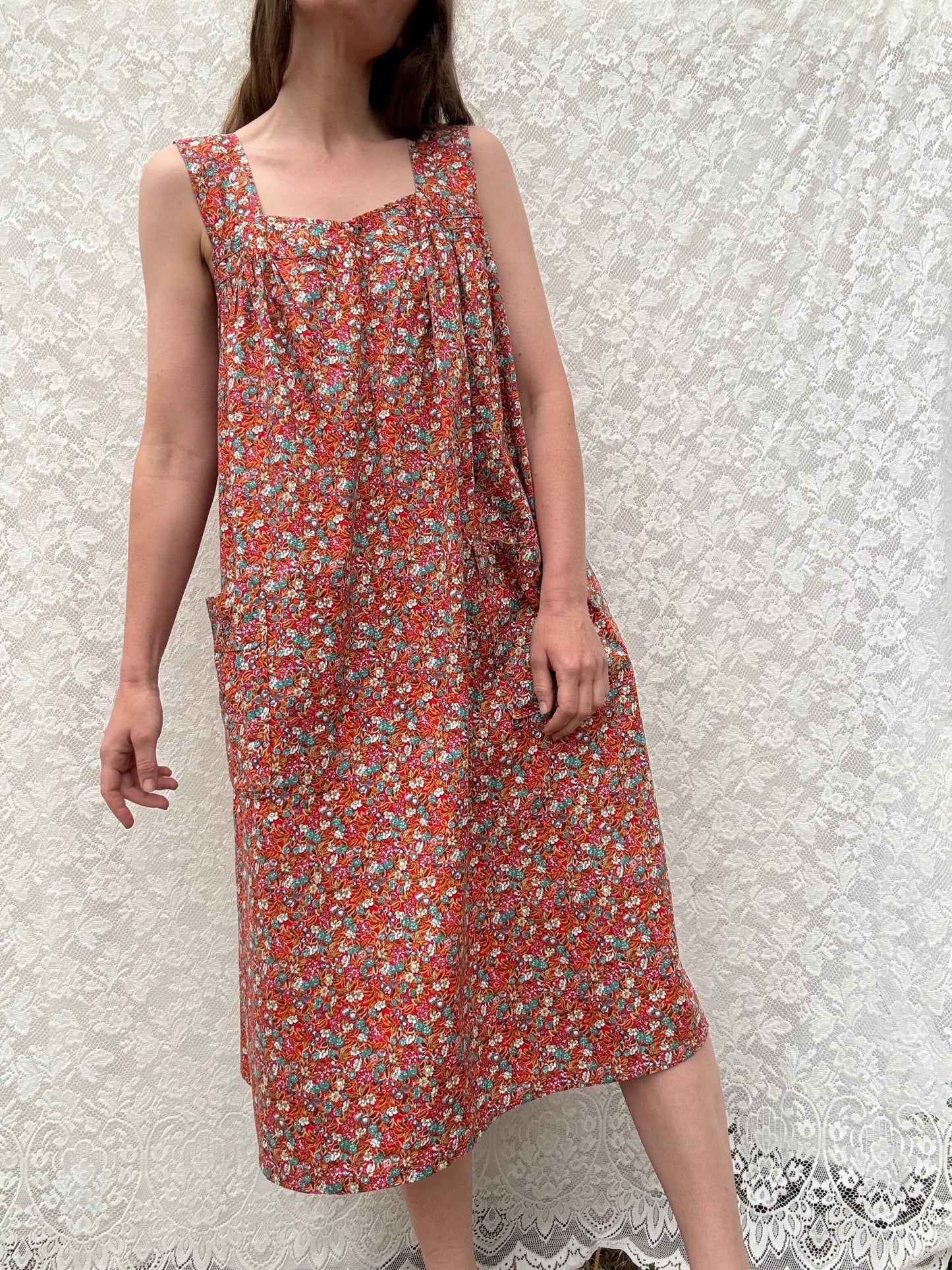 REWORKED HOUSE DRESS RED FLORAL 12-14