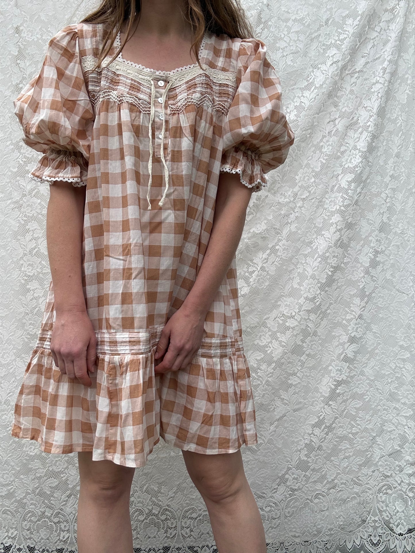 PRELOVED - MORNING SONG HAND SMOCKED DRESS CAMEL GINGHAM - SMALL (Copy)