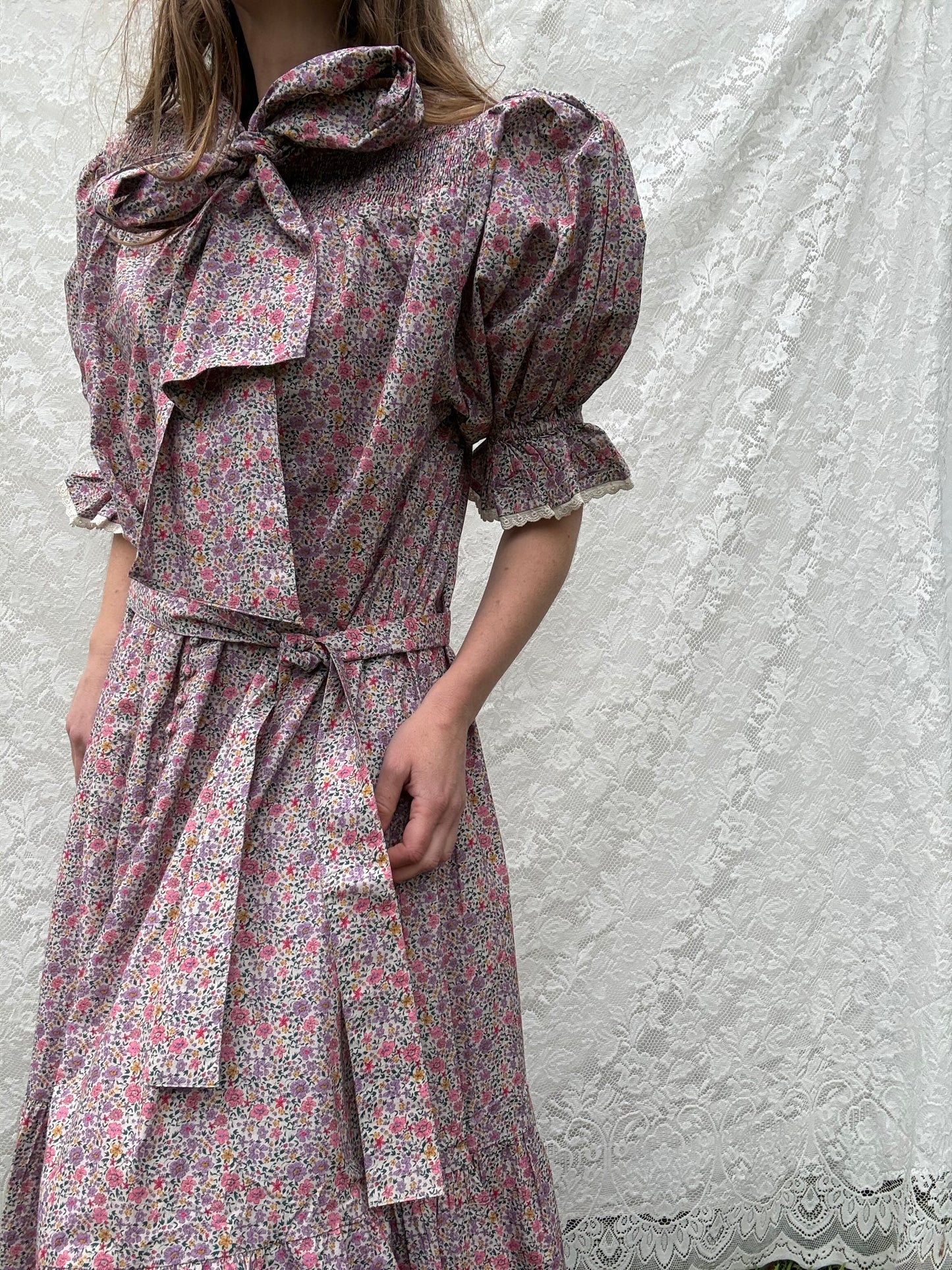 PRELOVED 100% RECYCLED COTTON - FLEUR MAXI DRESS PUSSY BOW LILAC FLORAL XXL