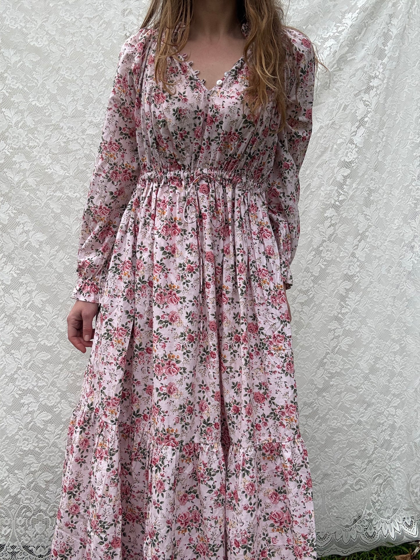 PRELOVED 100% RECYCLED COTTON - PRAIRIE MAXI DRESS PINK ROSE FLORAL XS