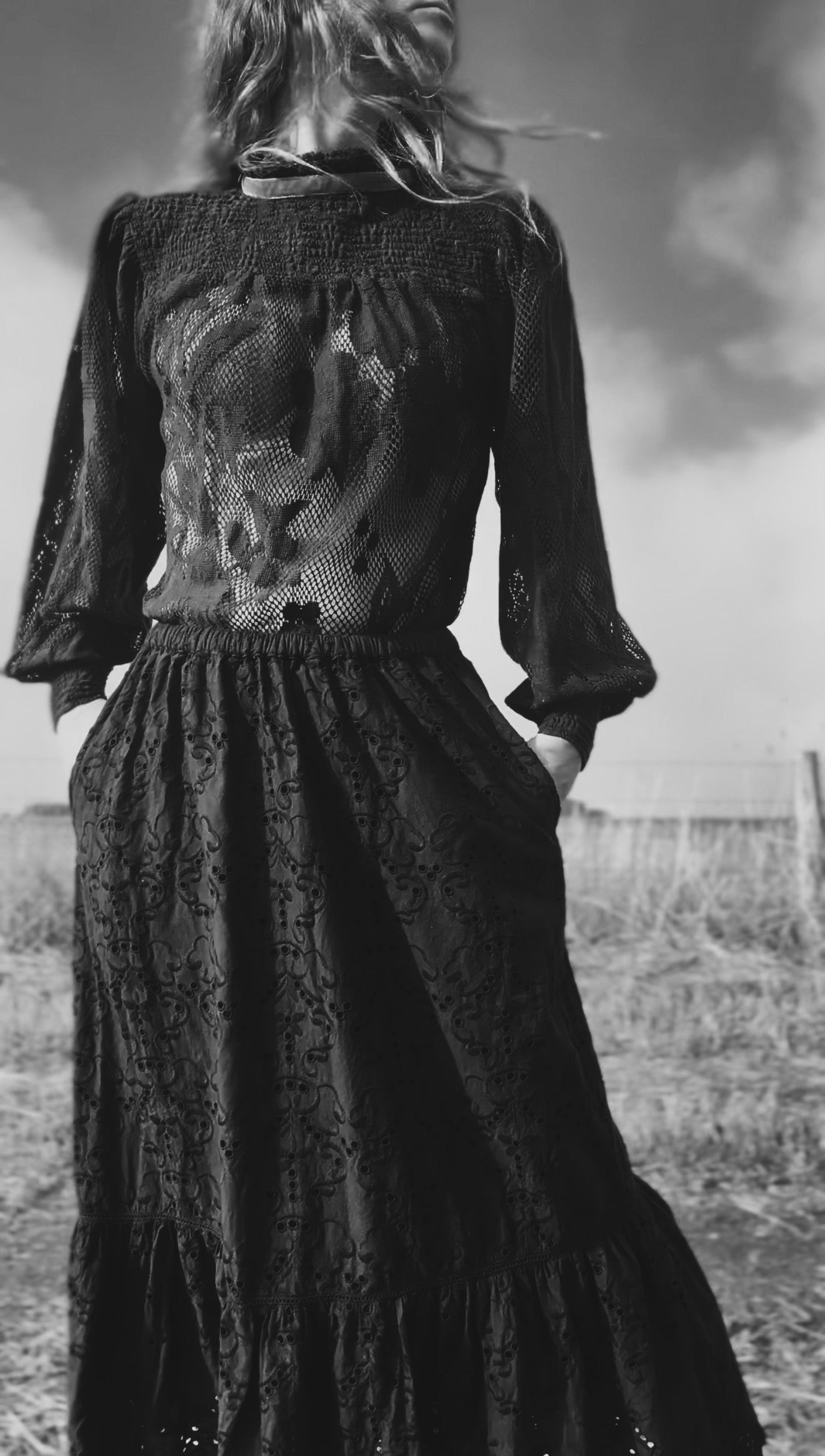 CELESTE CROCHET COTTON BLOUSE BLACK