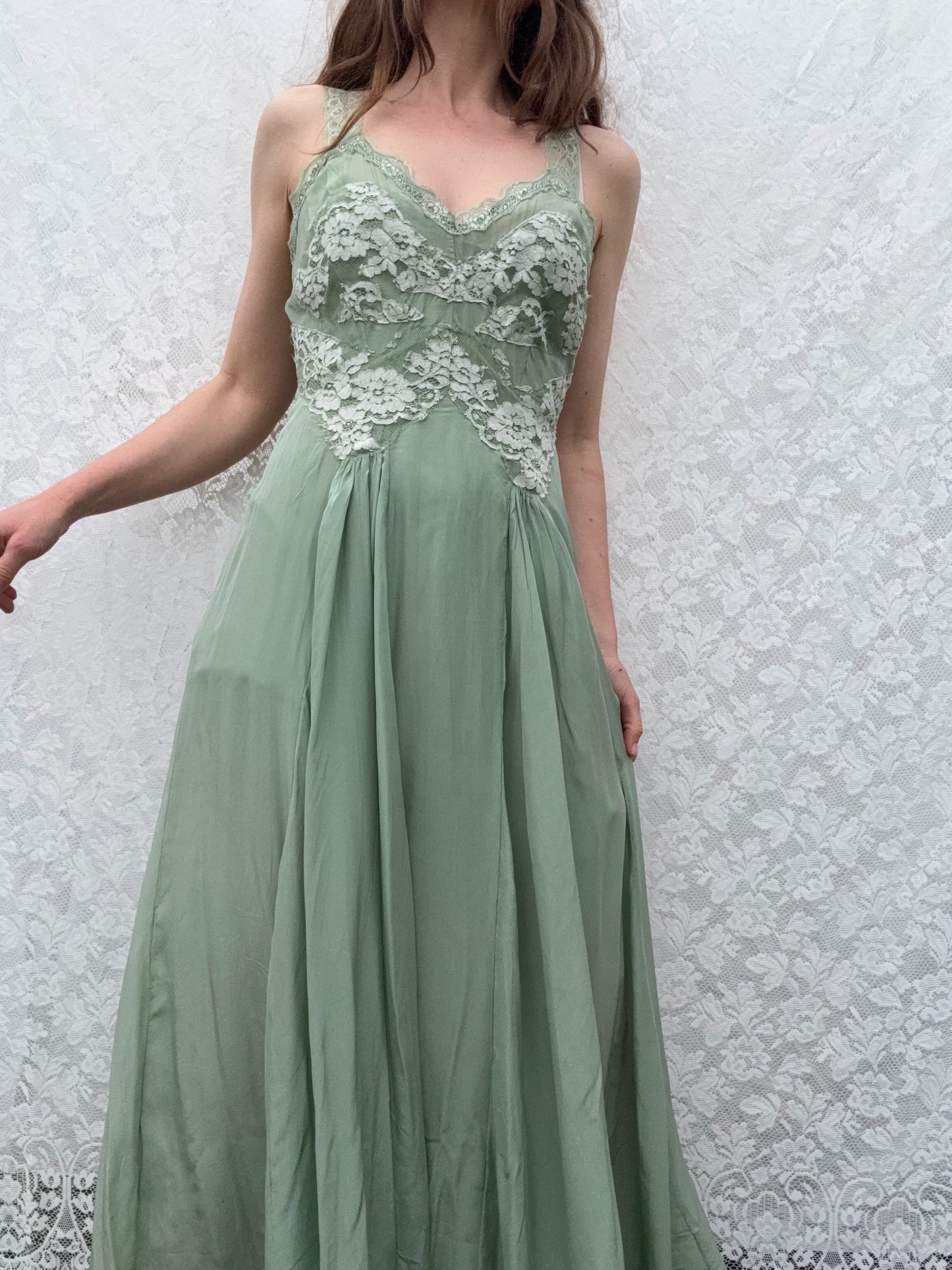 AURORA SILK & LACE DRESS - SAGE