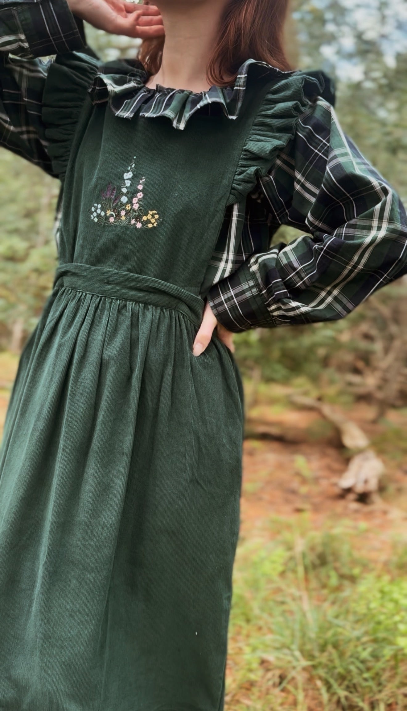100% RECYCLED COTTON - ANOUK RUFFLE PINAFORE/SKIRT CORDUROY FOREST GREEN