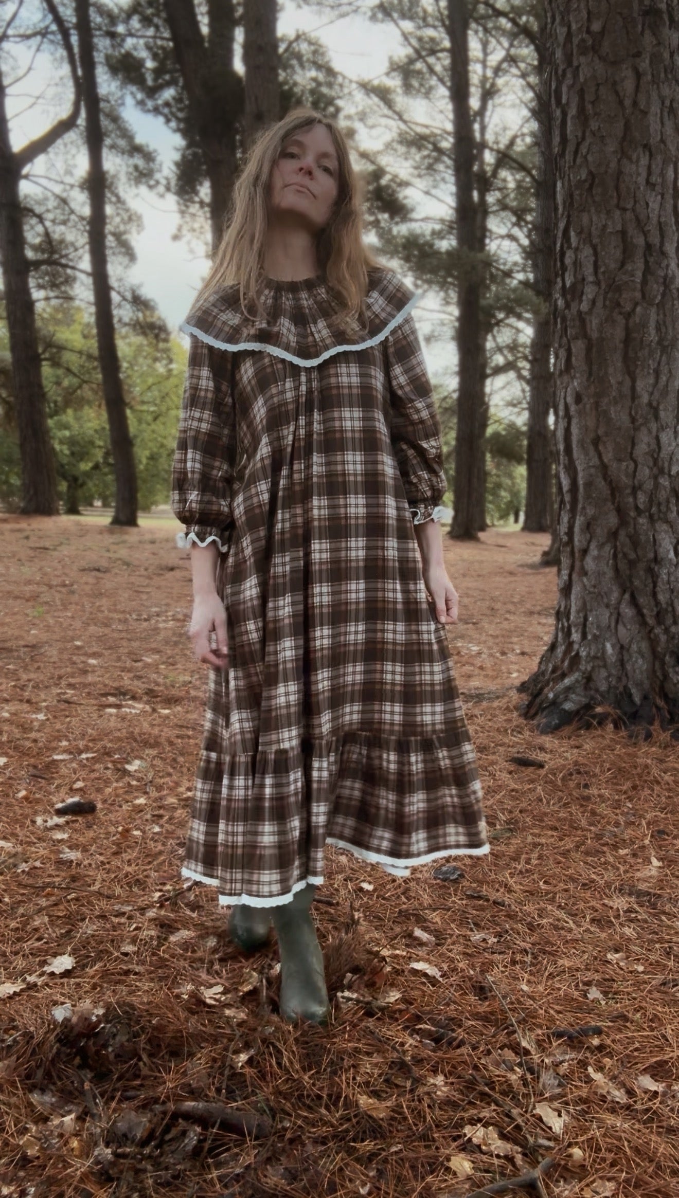 HETTIE SMOCK DRESS BROWN PLAID CHECK