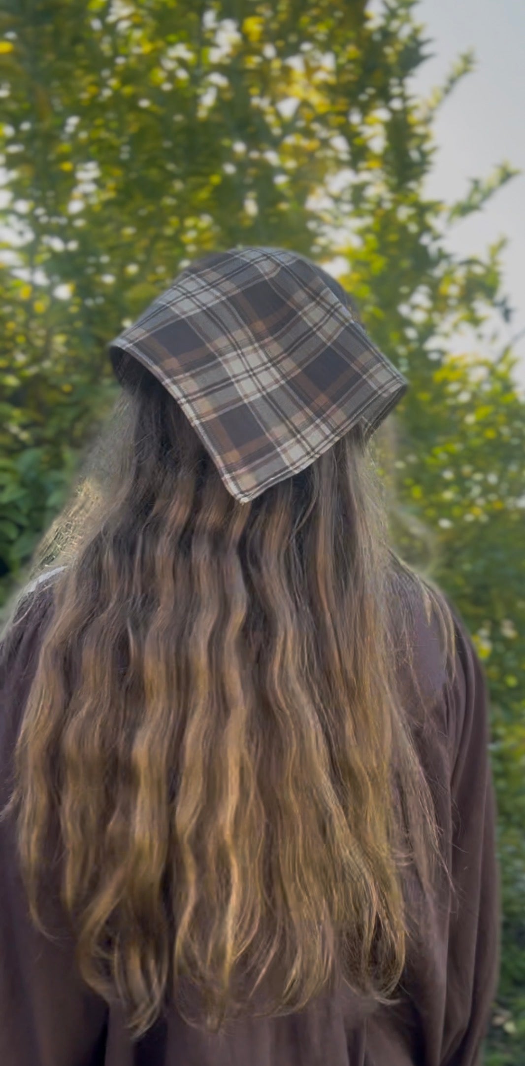 REWORKED - BROWN CHECK PLAID COTTON HEAD SCARF