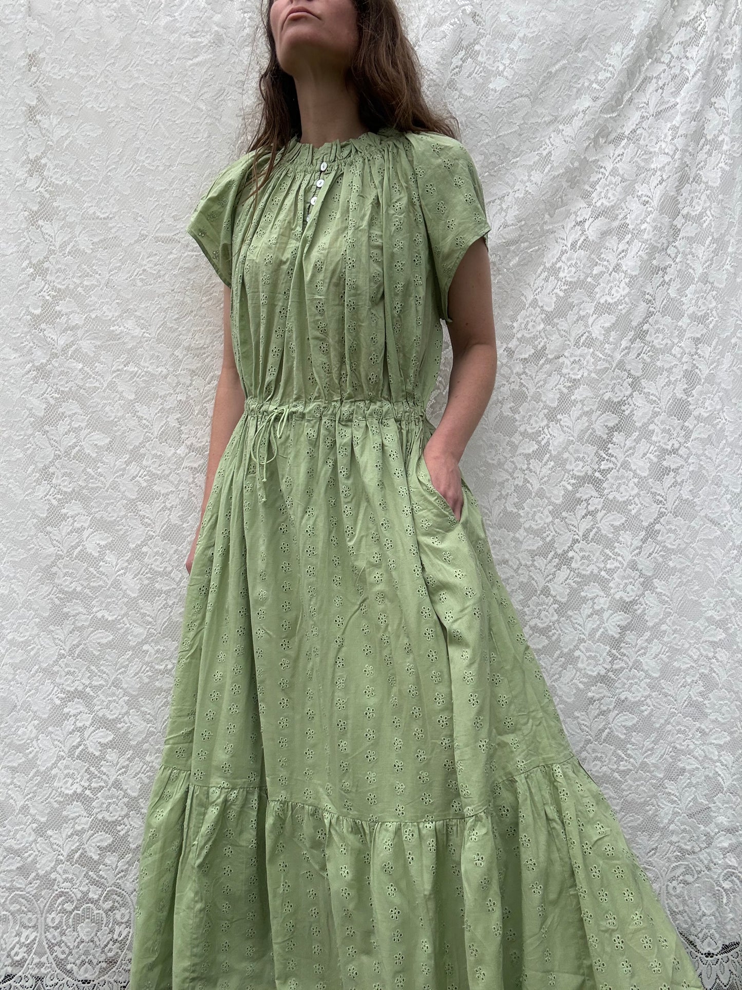 PRELOVED 100% RECYCLED COTTON - ISABEL DRESS SAGE COTTON LACE LARGE