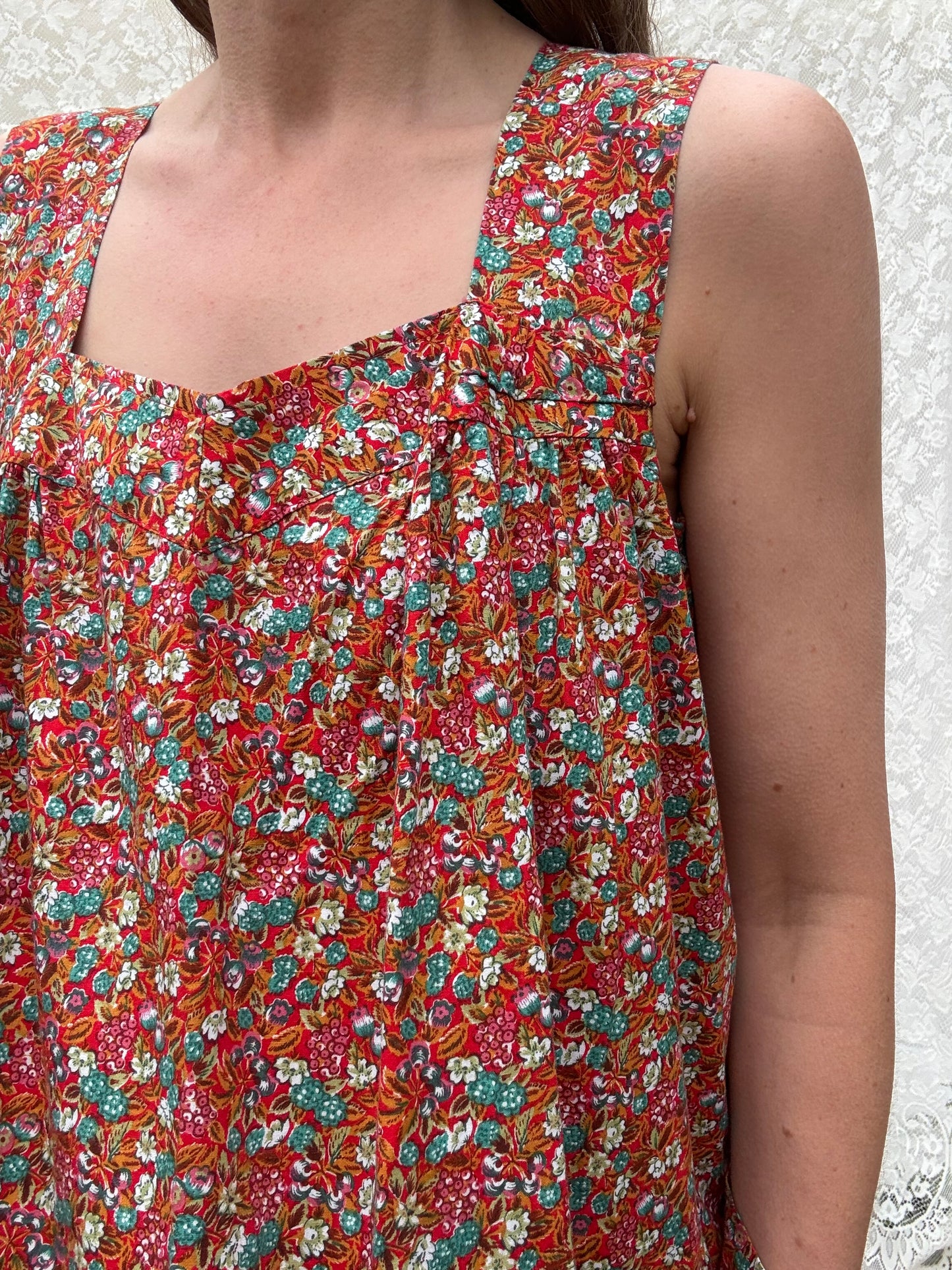 REWORKED HOUSE DRESS RED FLORAL 12-14