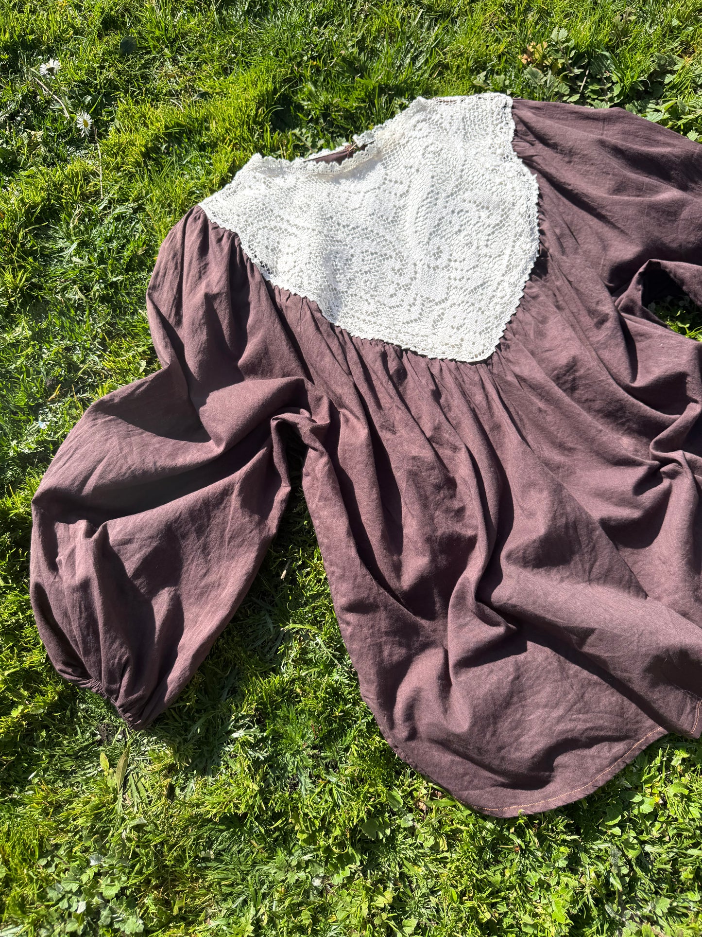 ONE OF A KIND SMOCK REWORKED BLOUSE BROWN WITH FILET LACE - XL