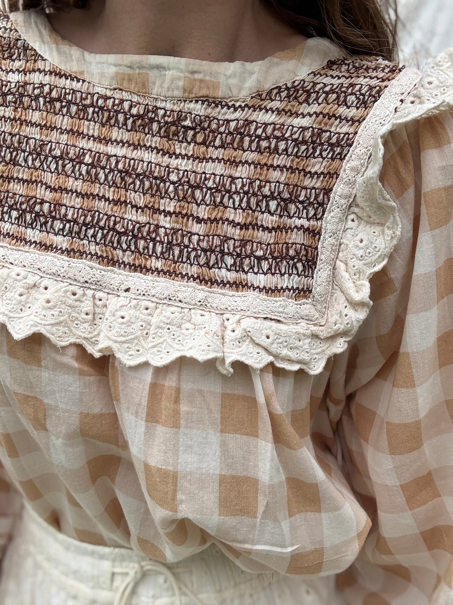 PRELOVED BEATRIX BLOUSE SMOCK CAMEL GINGHAM M