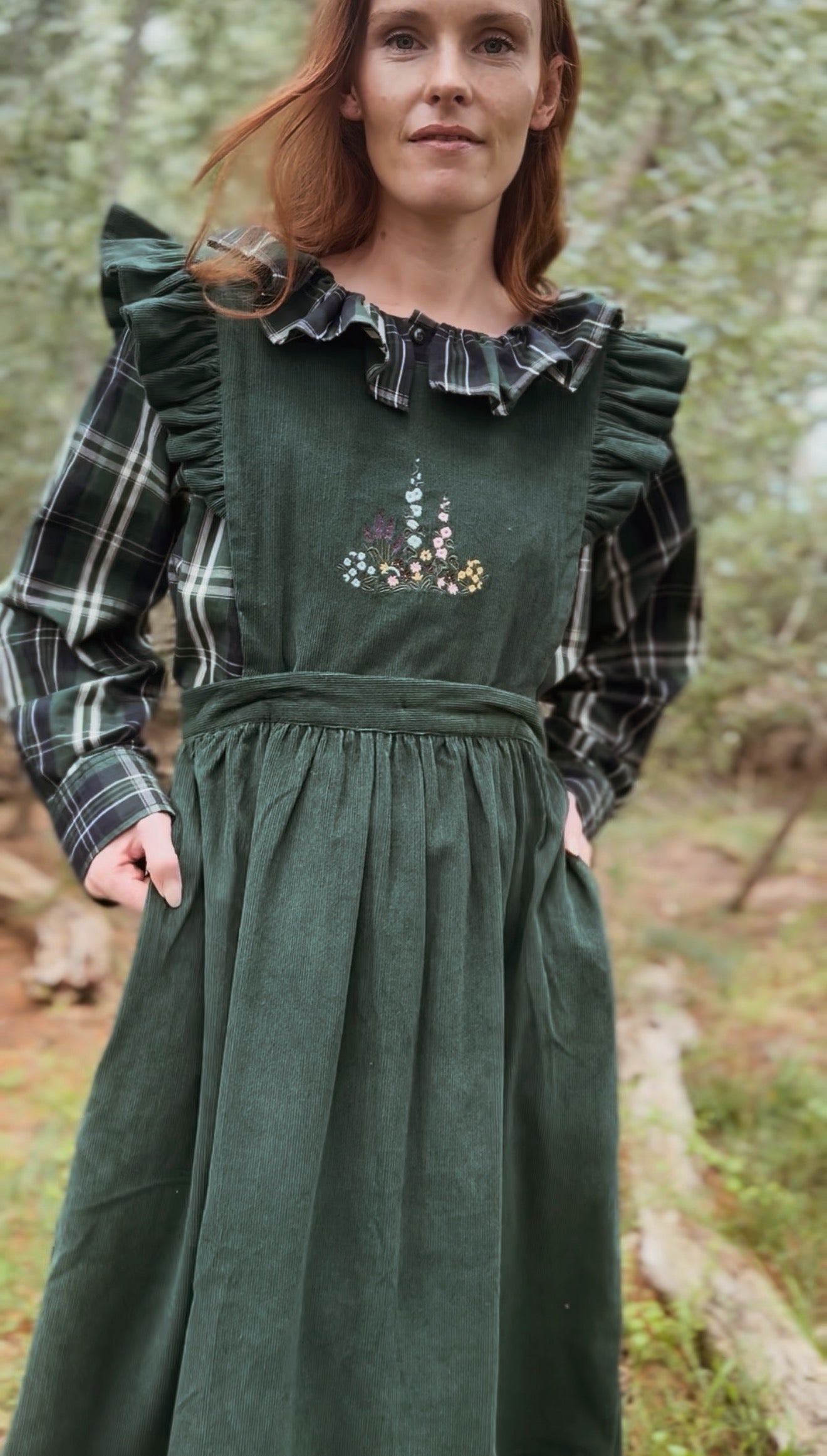 100% RECYCLED COTTON - ANOUK RUFFLE PINAFORE/SKIRT CORDUROY FOREST GREEN