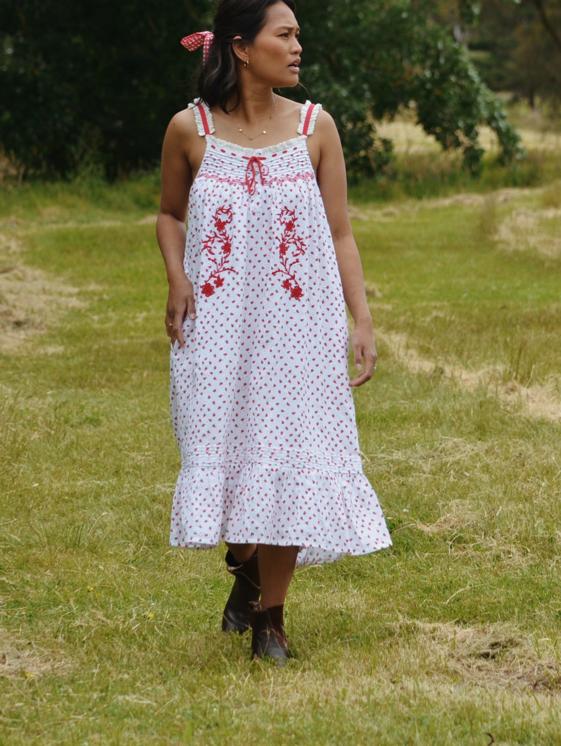 100% RECYCLED COTTON - NIGHTINGALE HAND SMOCKED DRESS STRAWBERRY EMBROIDERED COTTON