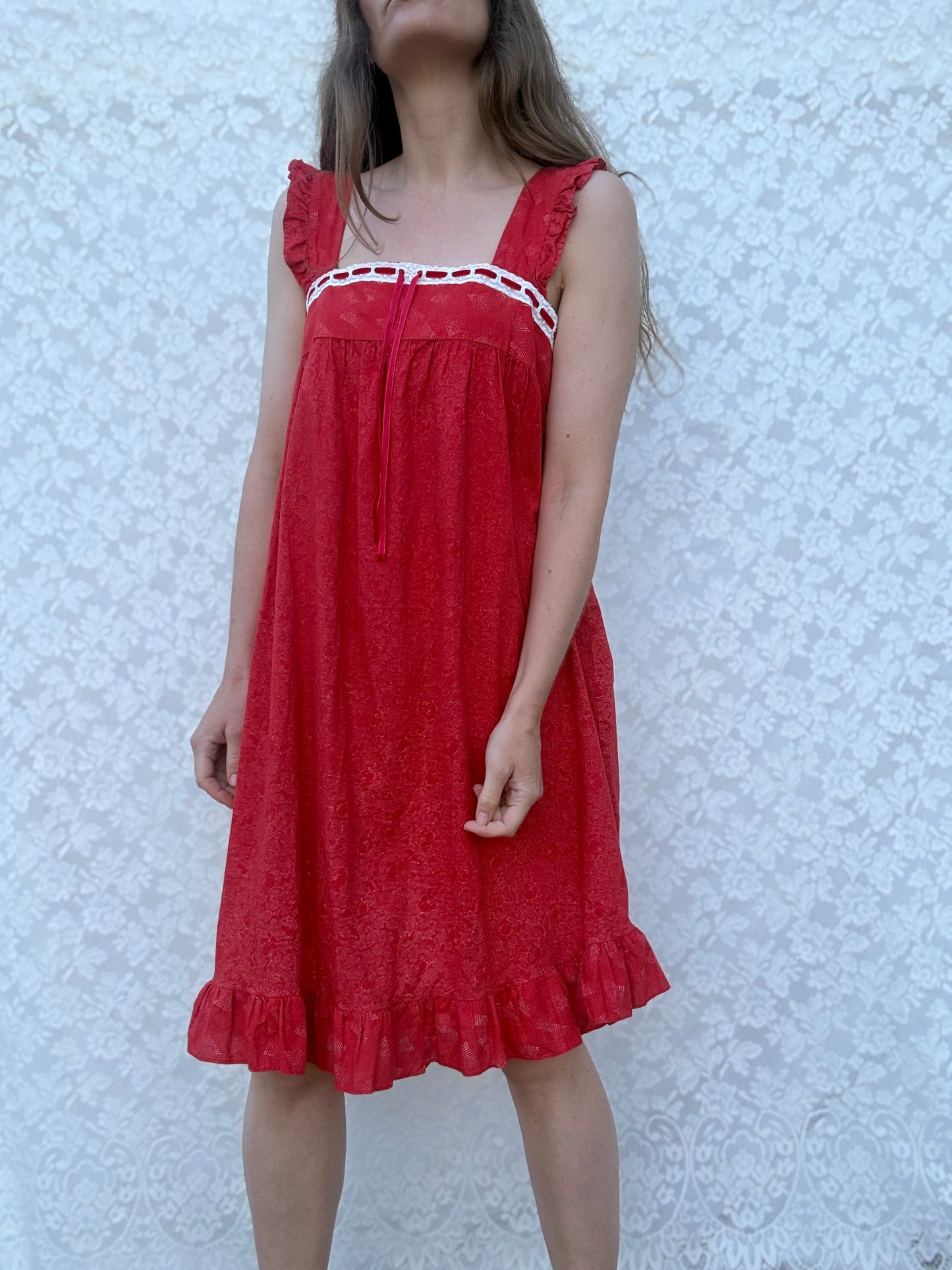 REWORKED - RED COTTON DAY DRESS 10-12