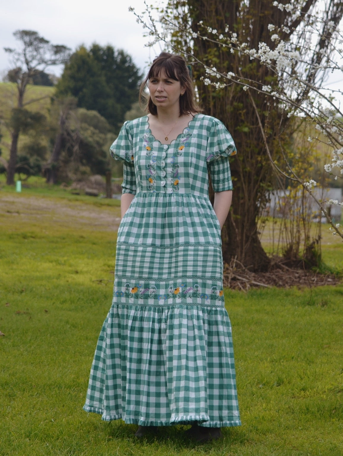 100% RECYCLED COTTON - AUGUSTINE MAXI DRESS GREEN GINGHAM GARDEN