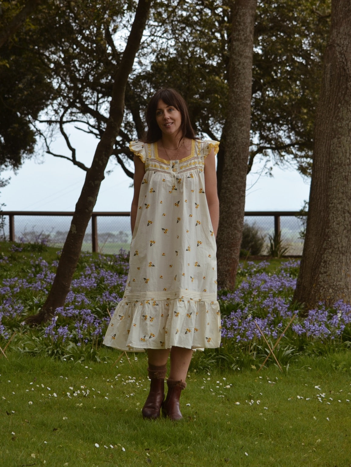 100% RECYCLED COTTON - ALICE DRESS - EMBROIDERED DAFFODIL