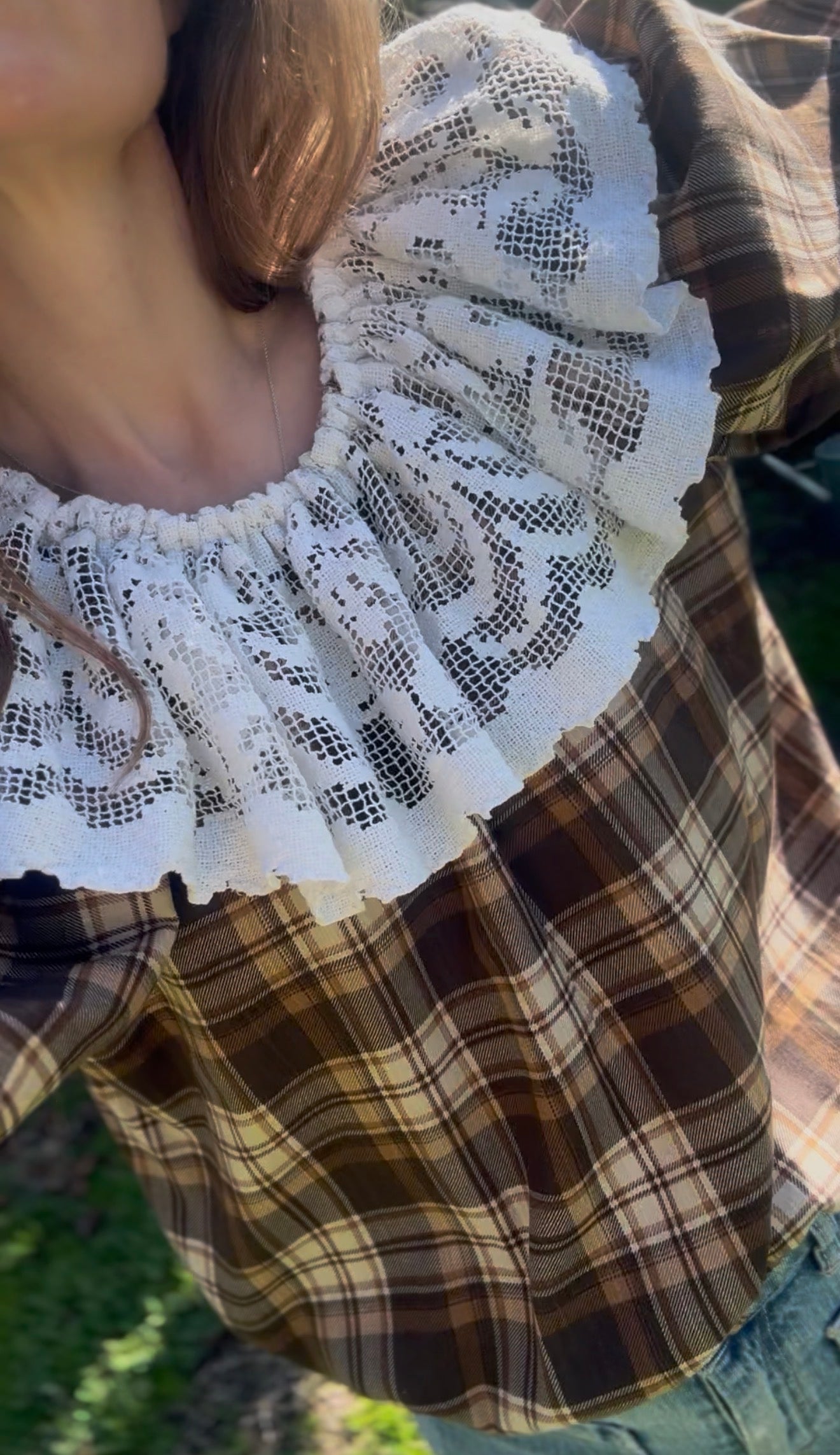 ONE OF A KIND SMOCK BLOUSE BROWN PLAID - S