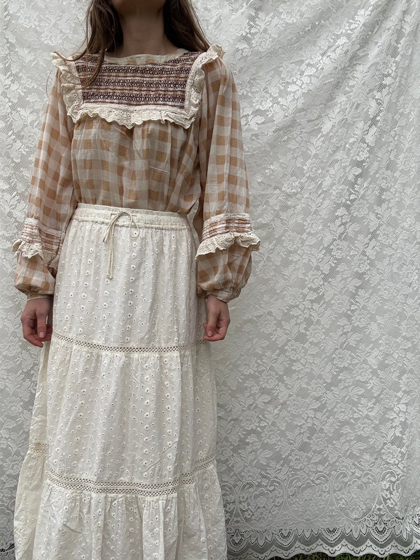 PRELOVED BEATRIX BLOUSE SMOCK CAMEL GINGHAM M