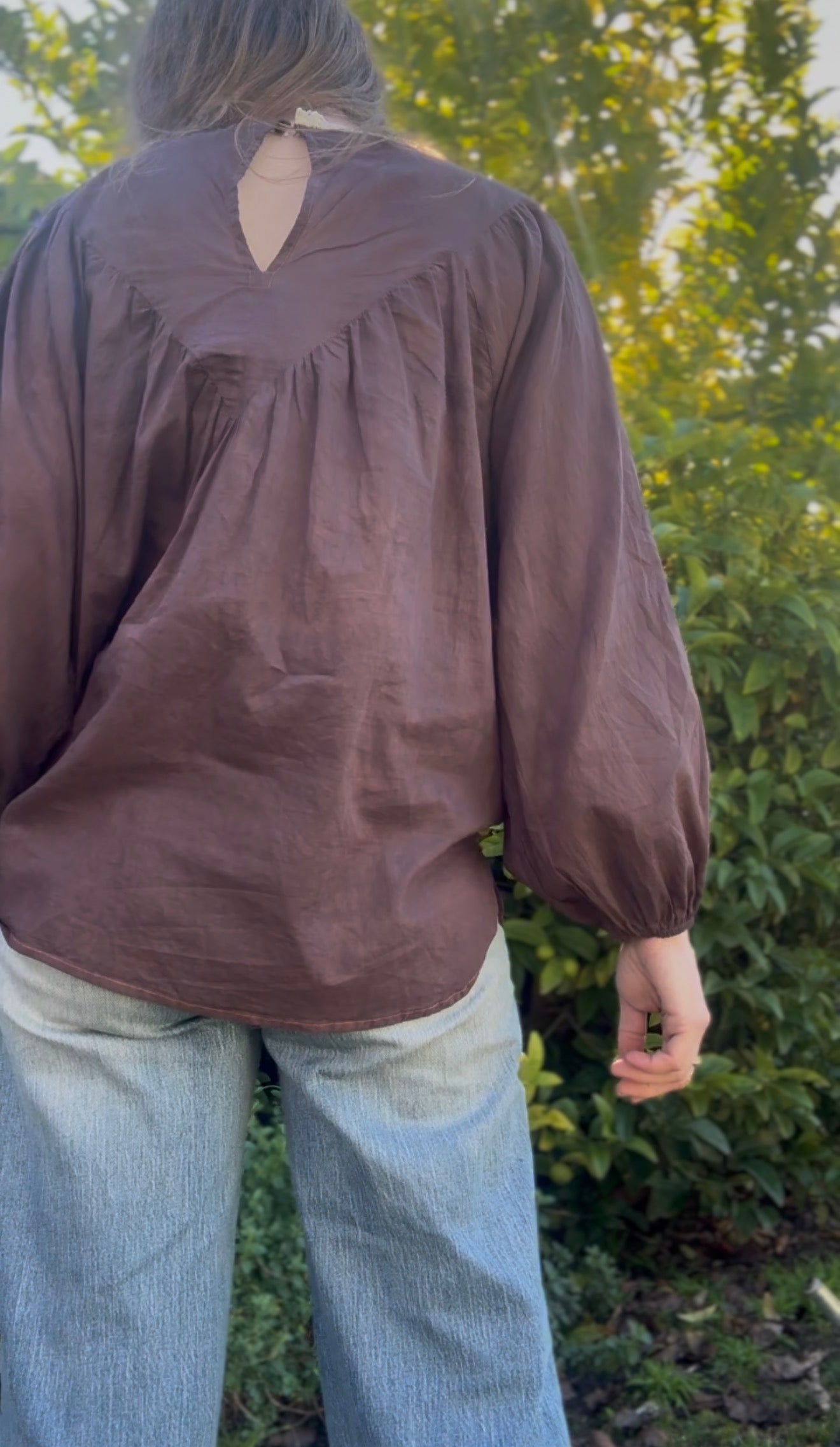 ONE OF A KIND SMOCK REWORKED BLOUSE BROWN WITH FILET LACE - XL