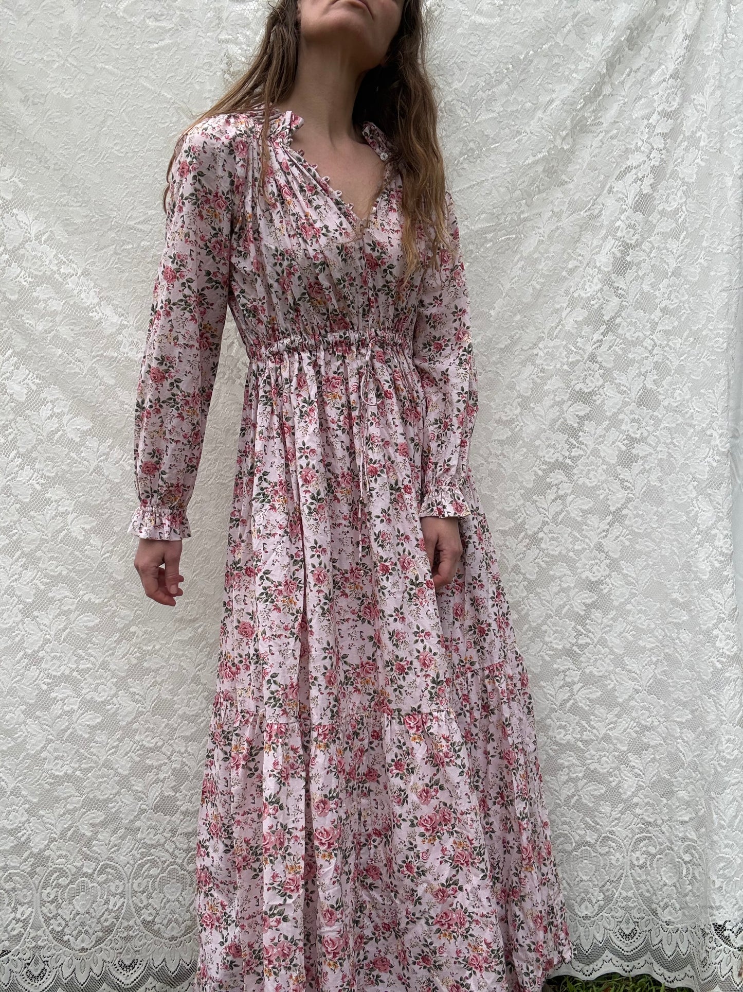PRELOVED 100% RECYCLED COTTON - PRAIRIE MAXI DRESS PINK ROSE FLORAL XS