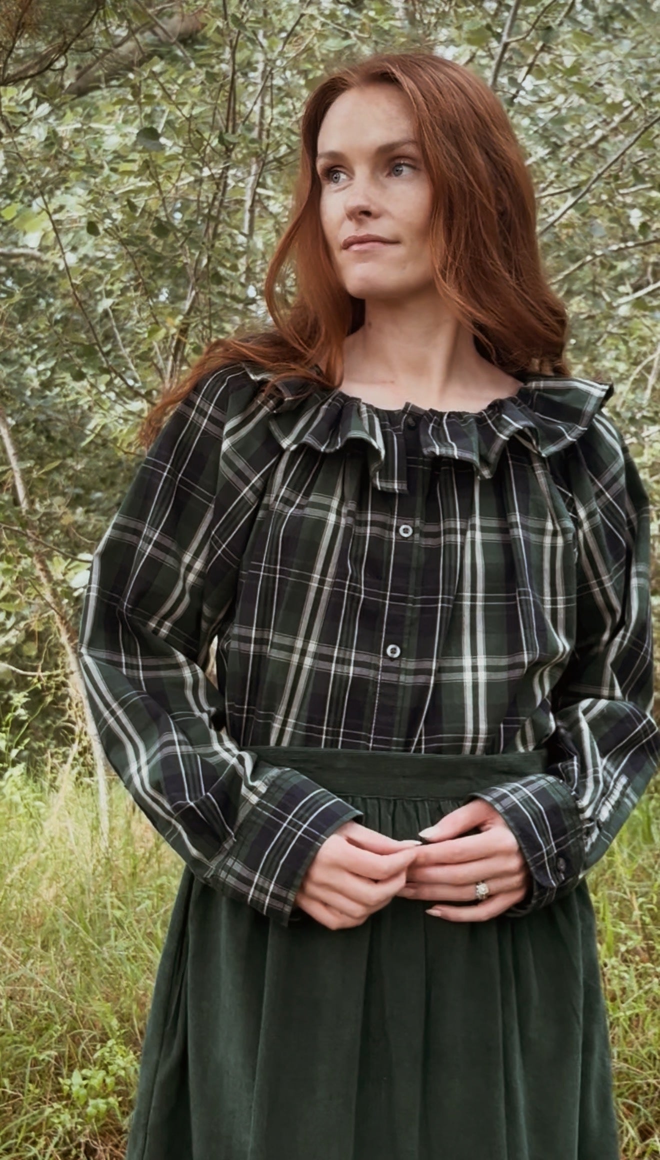 REWORKED PLAID CHECK GREEN & NAVY BLOUSE XS-M