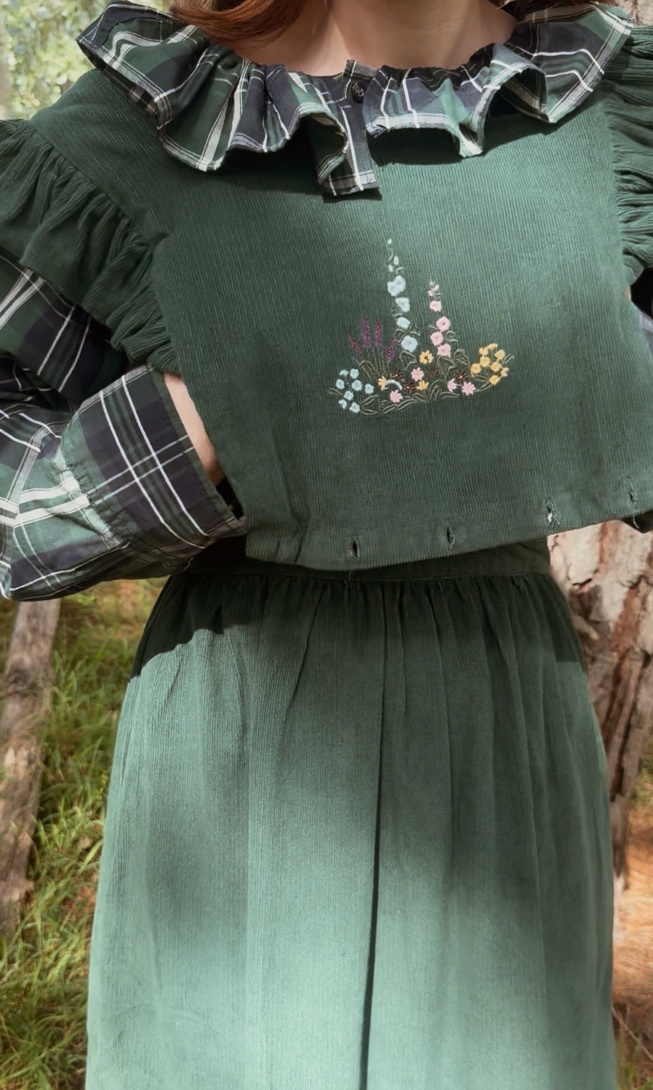 100% RECYCLED COTTON - ANOUK RUFFLE PINAFORE/SKIRT CORDUROY FOREST GREEN