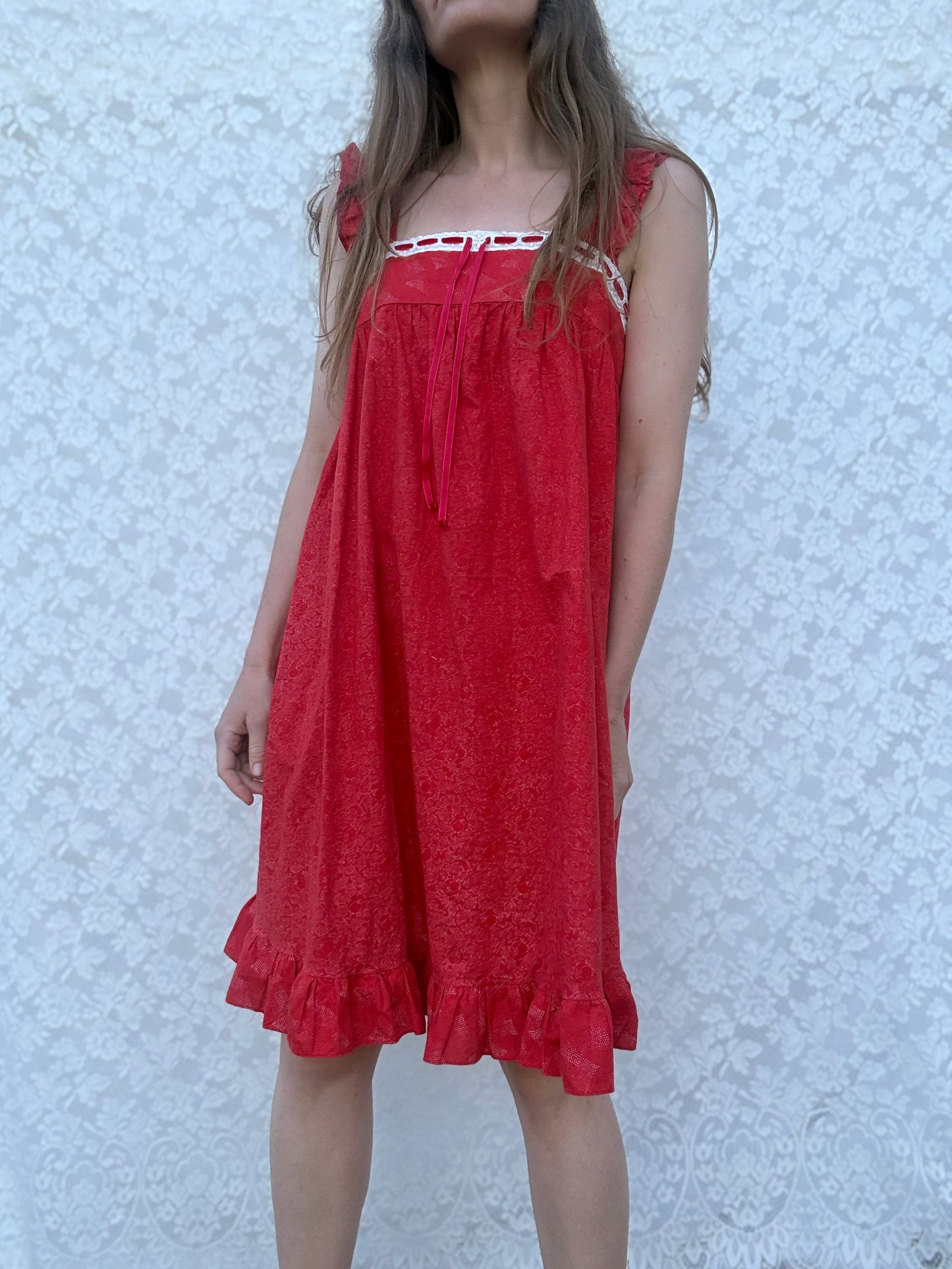 REWORKED - RED COTTON DAY DRESS 10-12