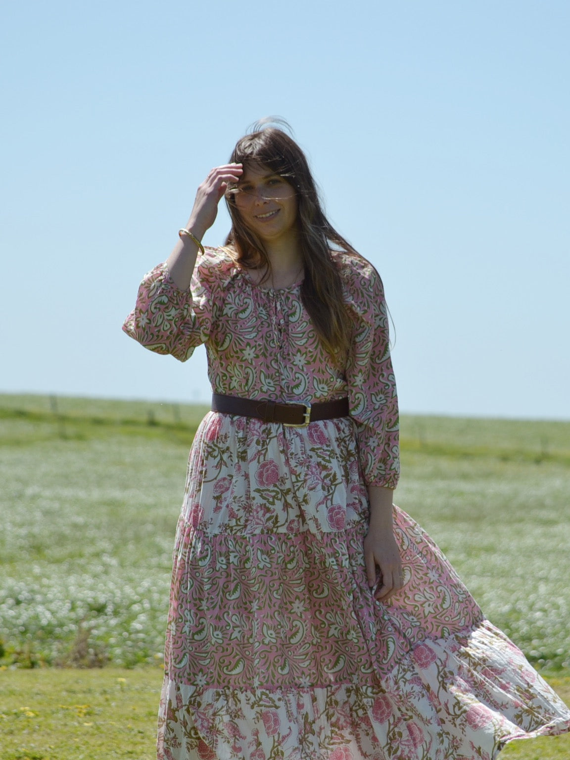 REWORKED - ONE OF A KIND PRU DRESS HAND BLOCK PINK FLORAL - SMALL - MEDIUM