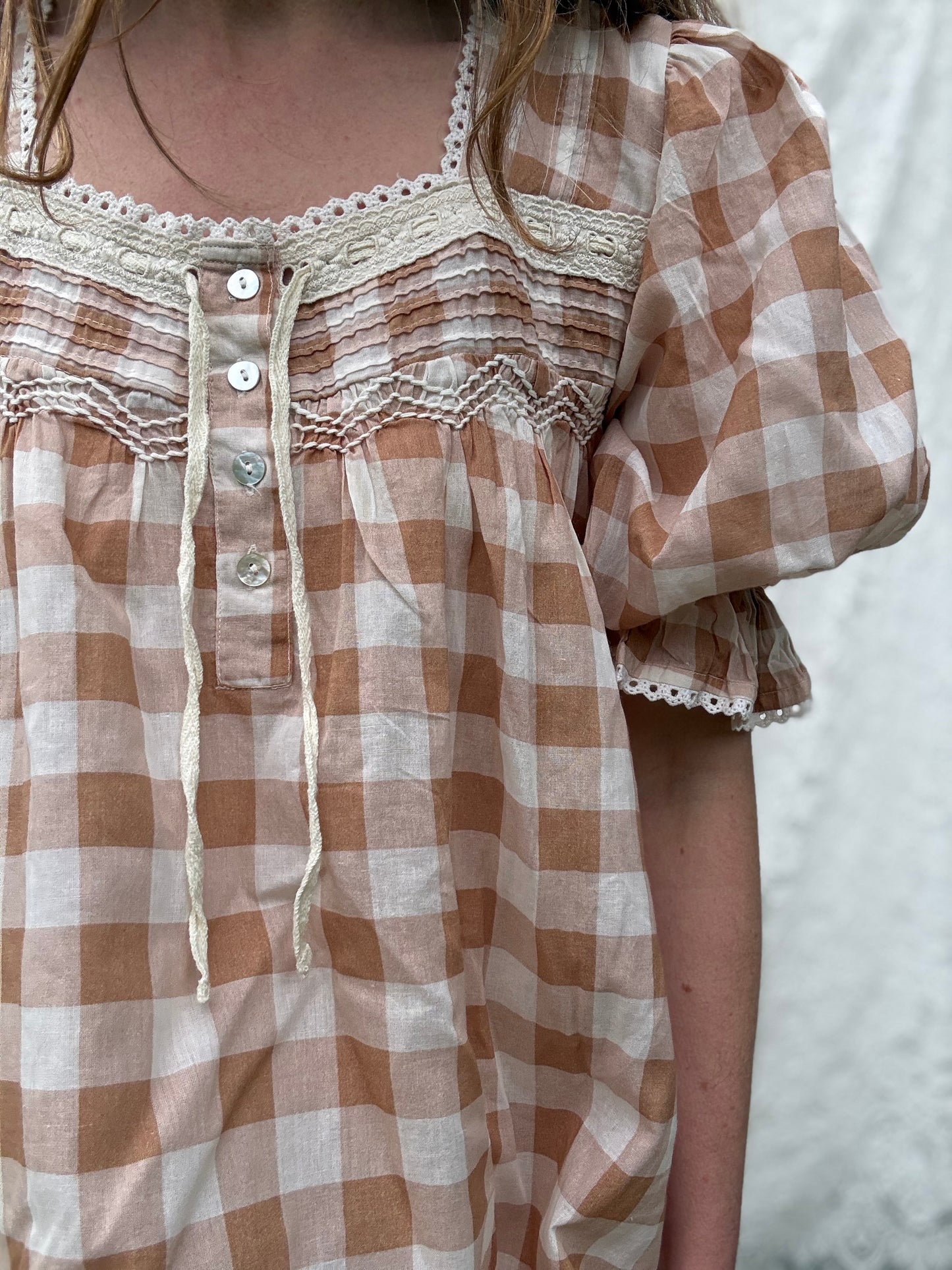 PRELOVED - MORNING SONG HAND SMOCKED DRESS CAMEL GINGHAM - SMALL (Copy)