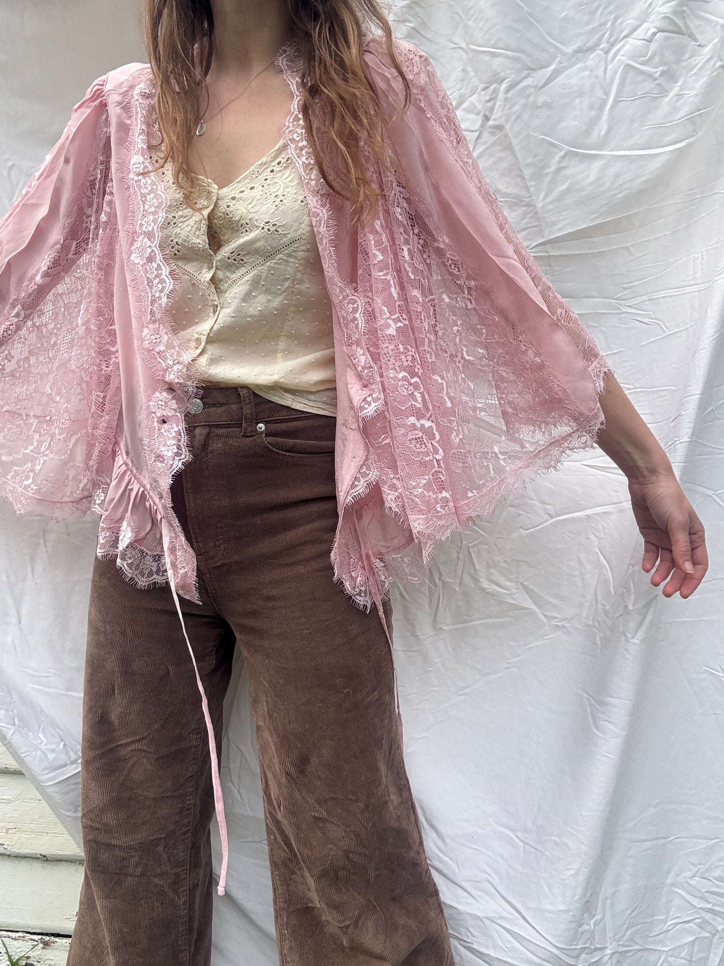 PRELOVED - AMORET SILK CAPELET BLOUSE - PASTEL PINK LARGE