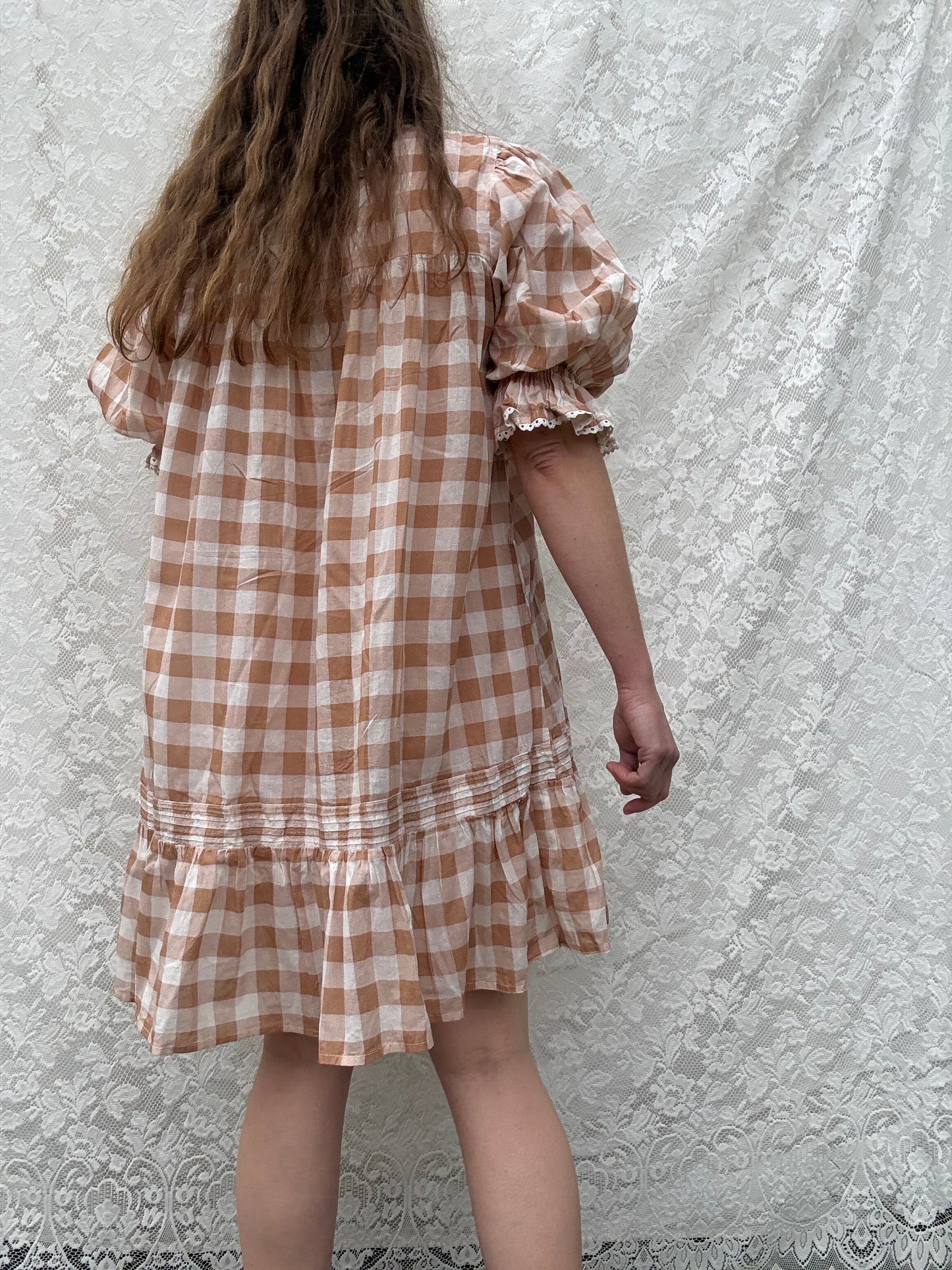 PRELOVED - MORNING SONG HAND SMOCKED DRESS CAMEL GINGHAM - SMALL (Copy)