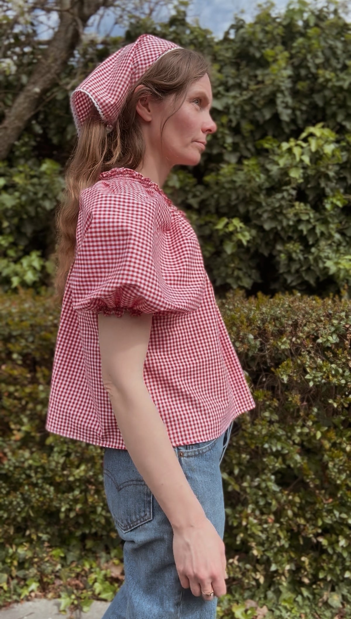 RED COTTON GINGHAM HEAD SCARF