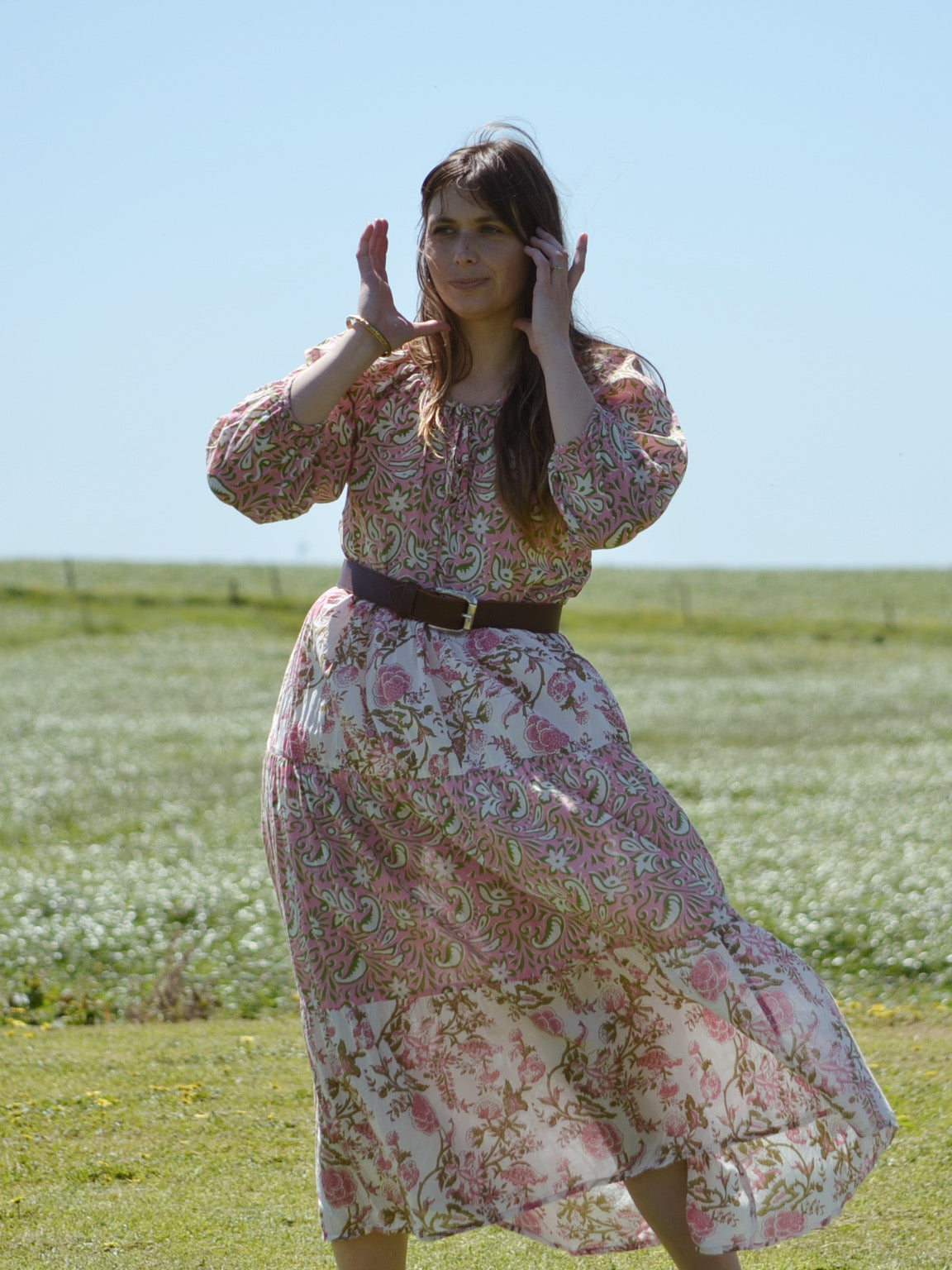 REWORKED - ONE OF A KIND PRU DRESS HAND BLOCK PINK FLORAL - SMALL - MEDIUM