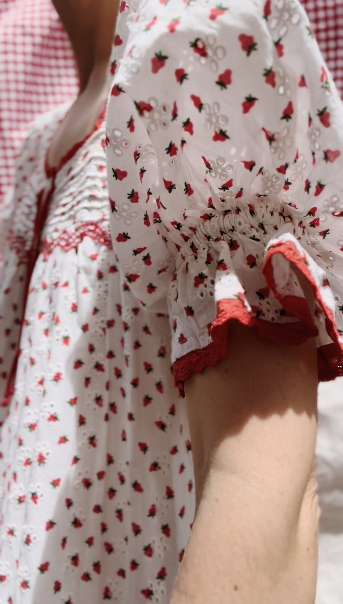 100% RECYCLED COTTON - MORNING SONG HAND SMOCKED TIERED DRESS - STRAWBERRY EMBROIDERED COTTON