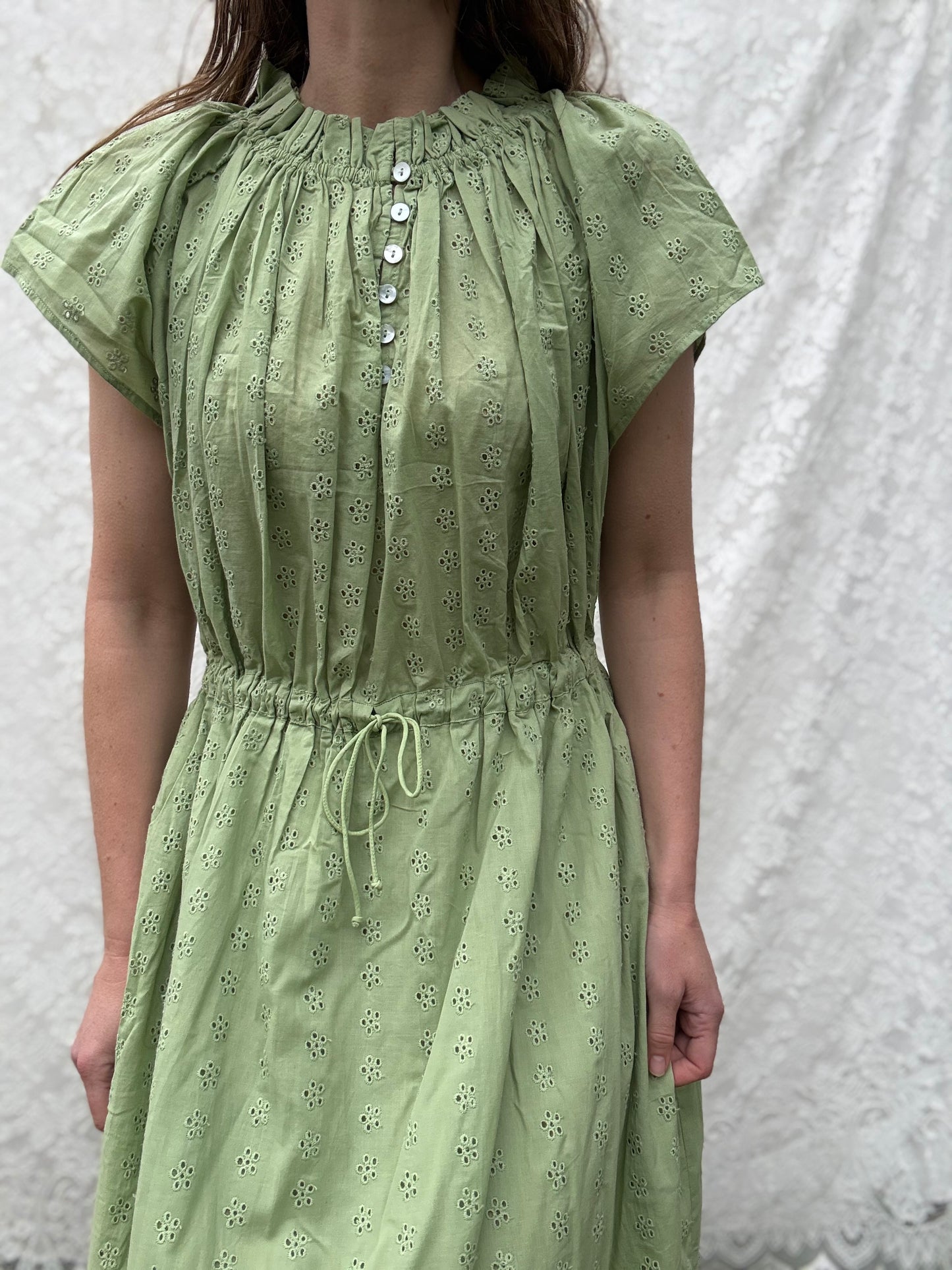 PRELOVED 100% RECYCLED COTTON - ISABEL DRESS SAGE COTTON LACE LARGE