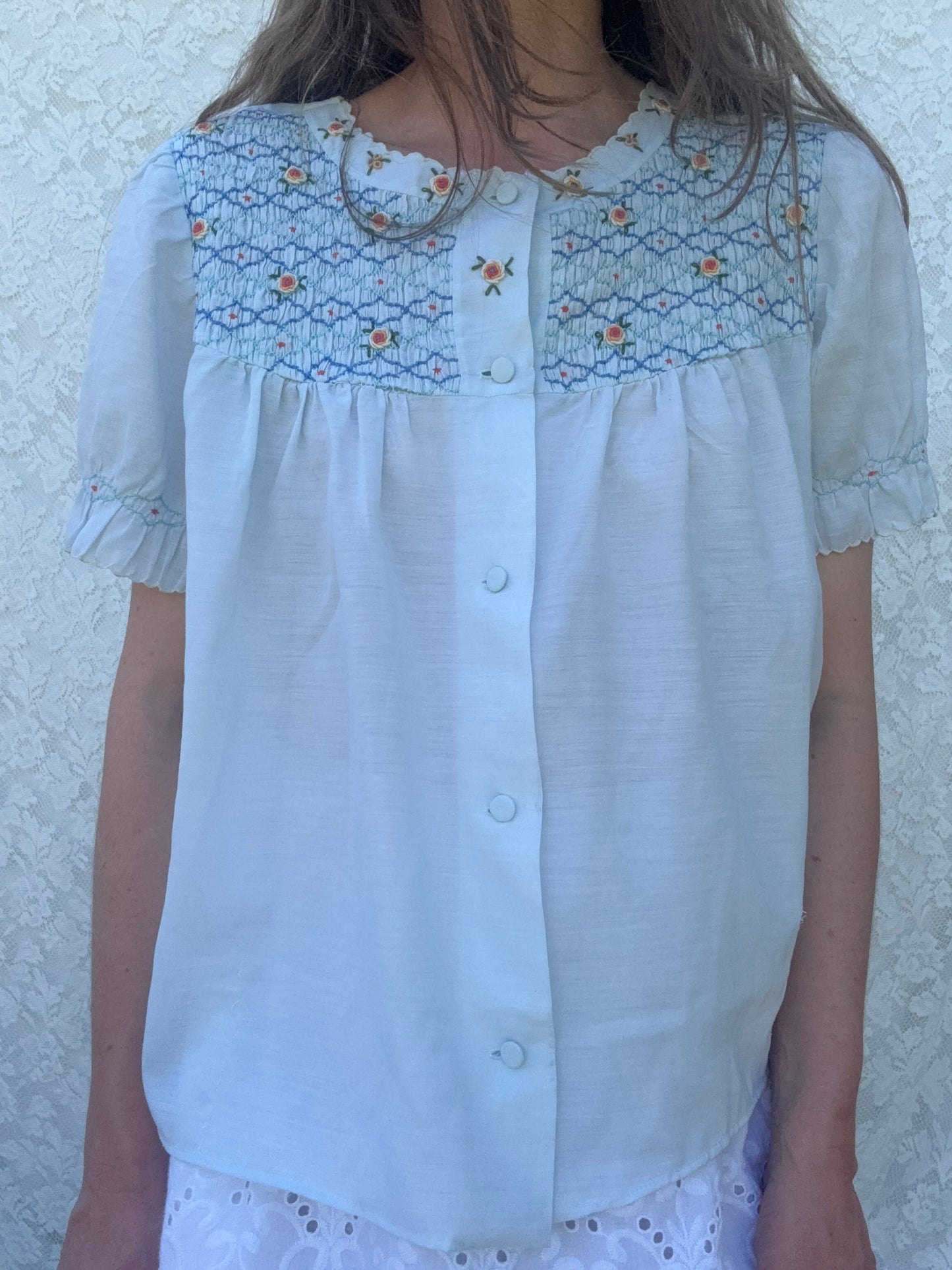 REWORKED - LIGHT BLUE SMOCK DETAILED BLOUSE 8-12