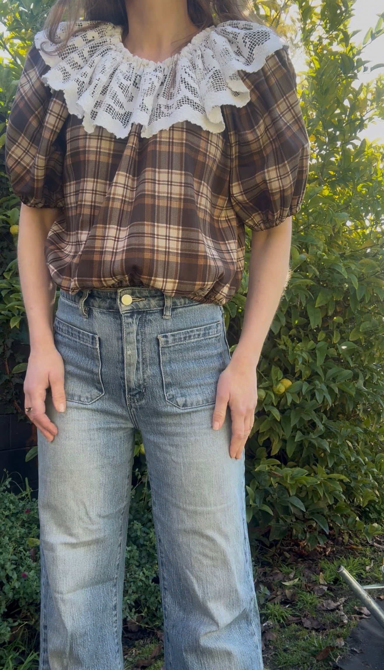 ONE OF A KIND SMOCK BLOUSE BROWN PLAID - S