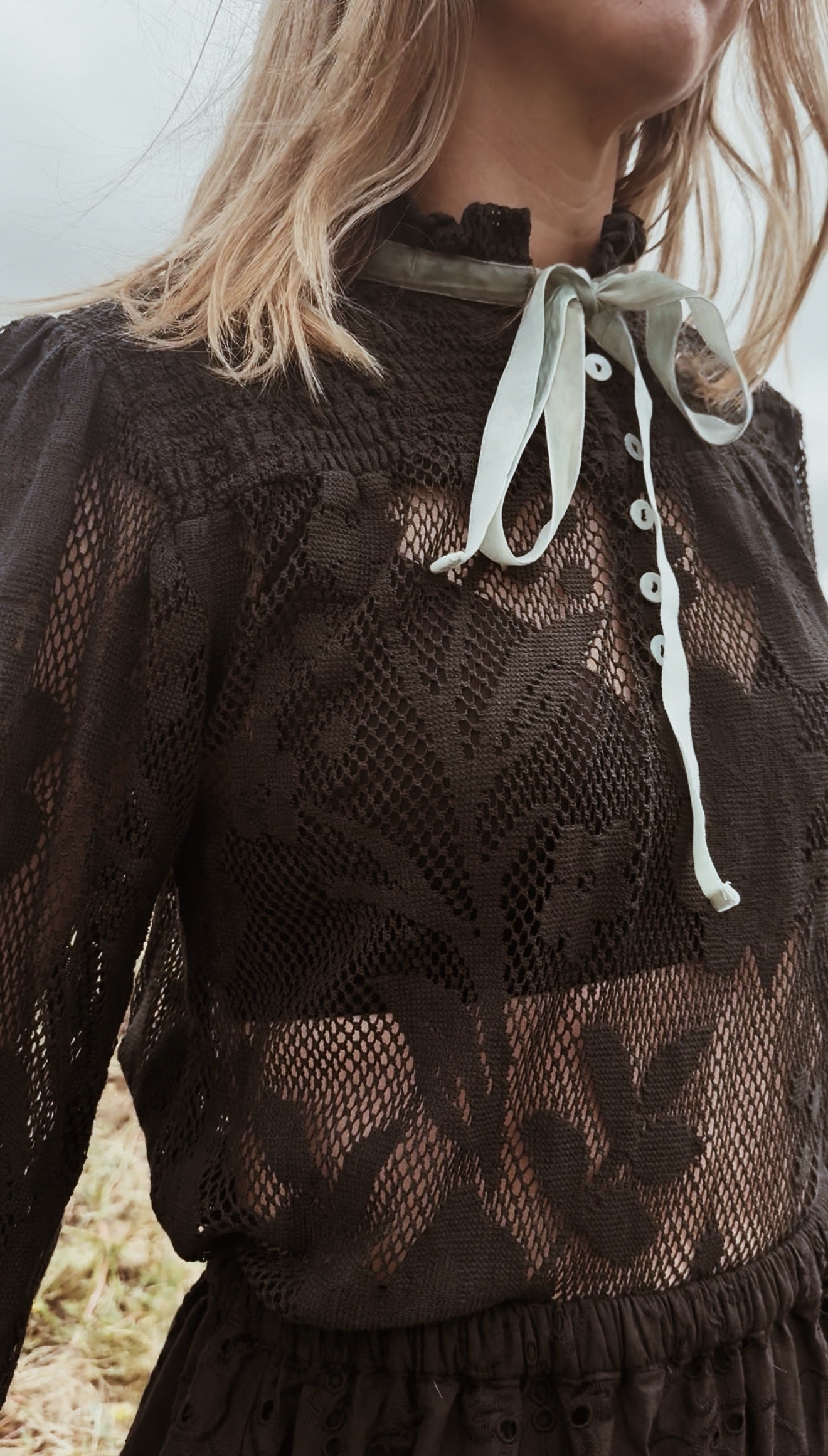 CELESTE CROCHET COTTON BLOUSE BLACK