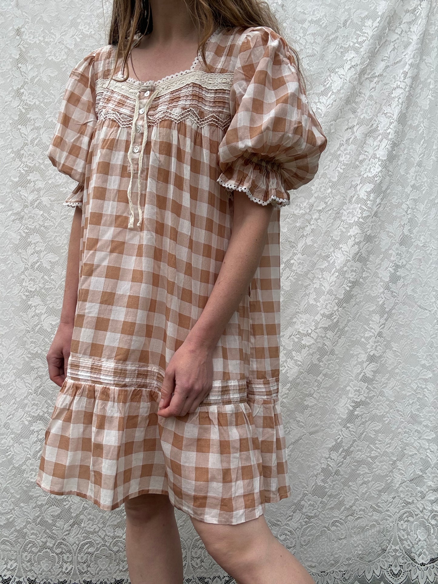 PRELOVED - MORNING SONG HAND SMOCKED DRESS CAMEL GINGHAM - SMALL (Copy)