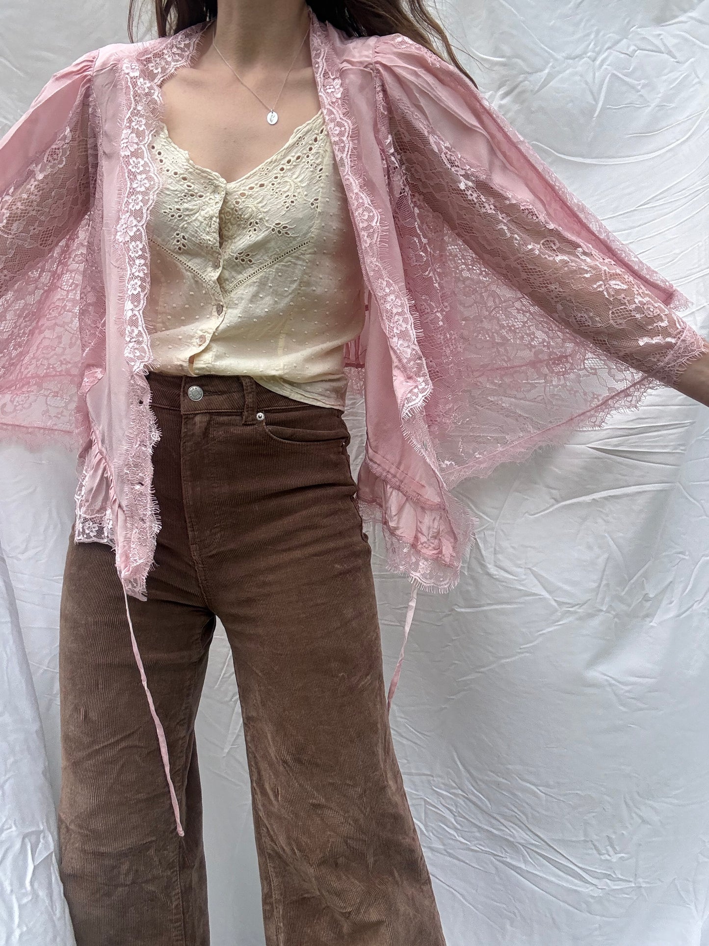 PRELOVED - AMORET SILK CAPELET BLOUSE - PASTEL PINK LARGE