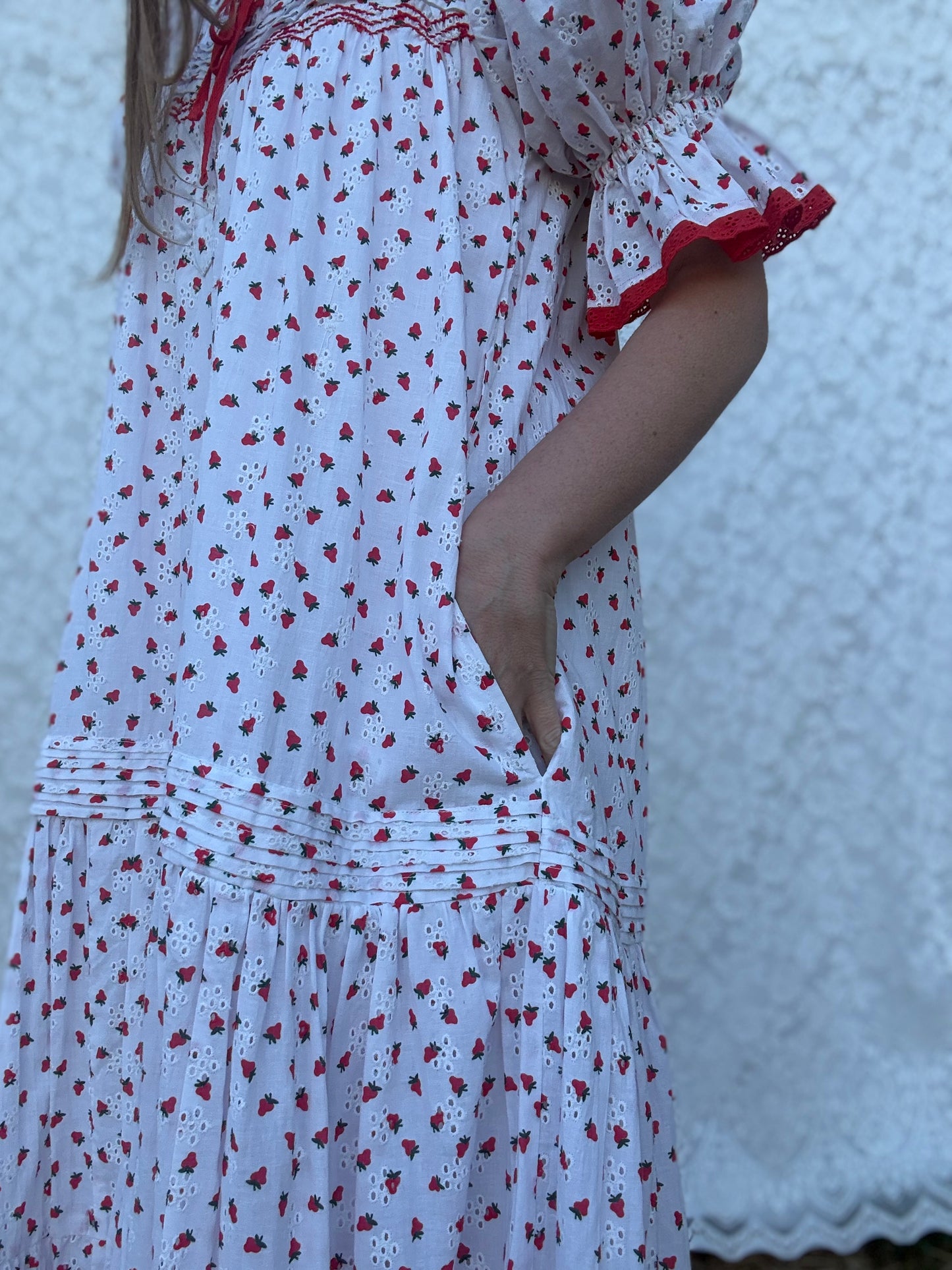 100% RECYCLED COTTON - MORNING SONG HAND SMOCKED TIERED DRESS - STRAWBERRY EMBROIDERED COTTON