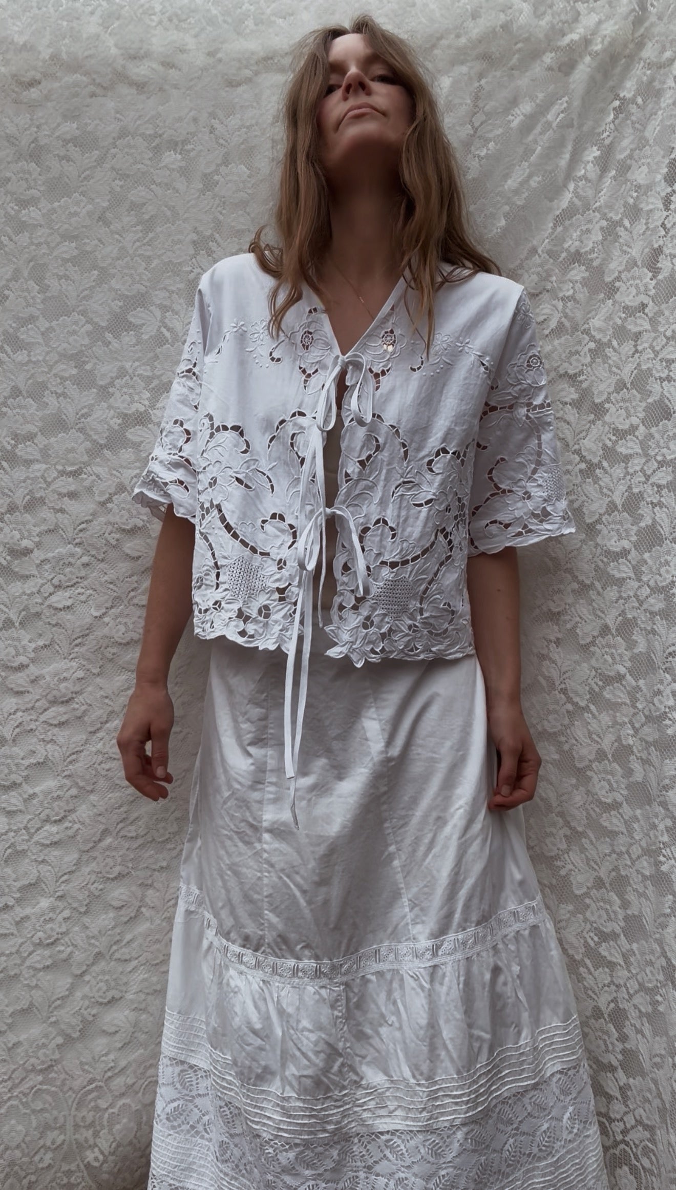 REWORKED TIE FRONT BLOUSE OR CAPELET WHITE